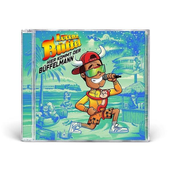 Cartoon-CD-Cover mit Mann mit Büffelhörnern, Mikrofon und Affen-Plüschtier.