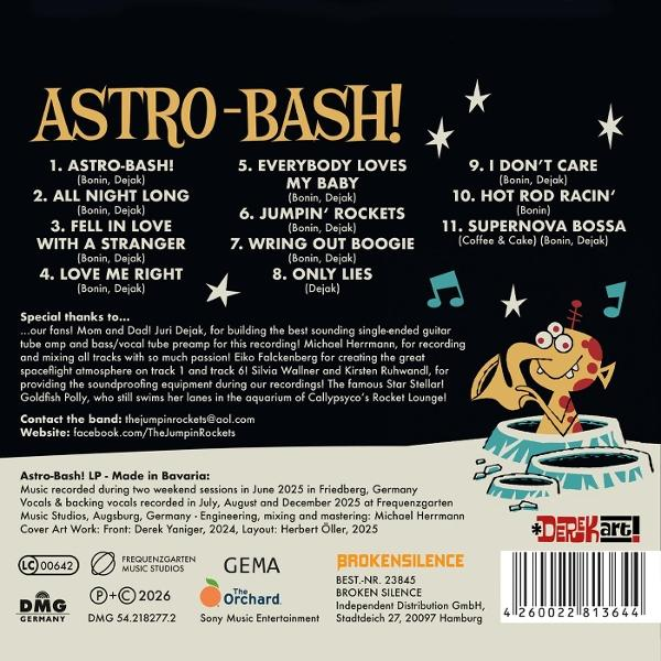 Albumcover mit Songliste und Comicfigur. Goldener Titel 'ASTRO-BASH!'.