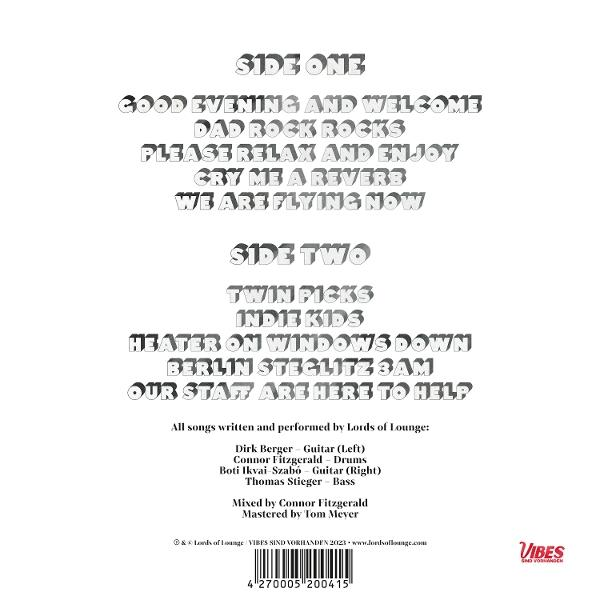 Rückseite eines Albumcovers mit Songtiteln und Bandinformationen.