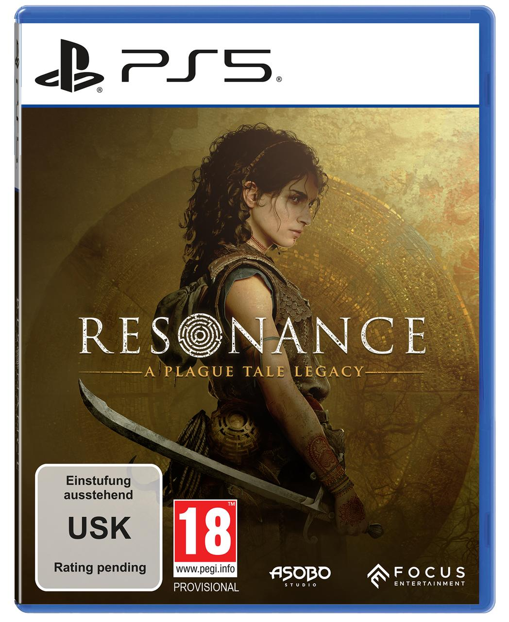 PS5 Spielcover: Junge Frau mit Schwert, "RESONANCE" Titel.