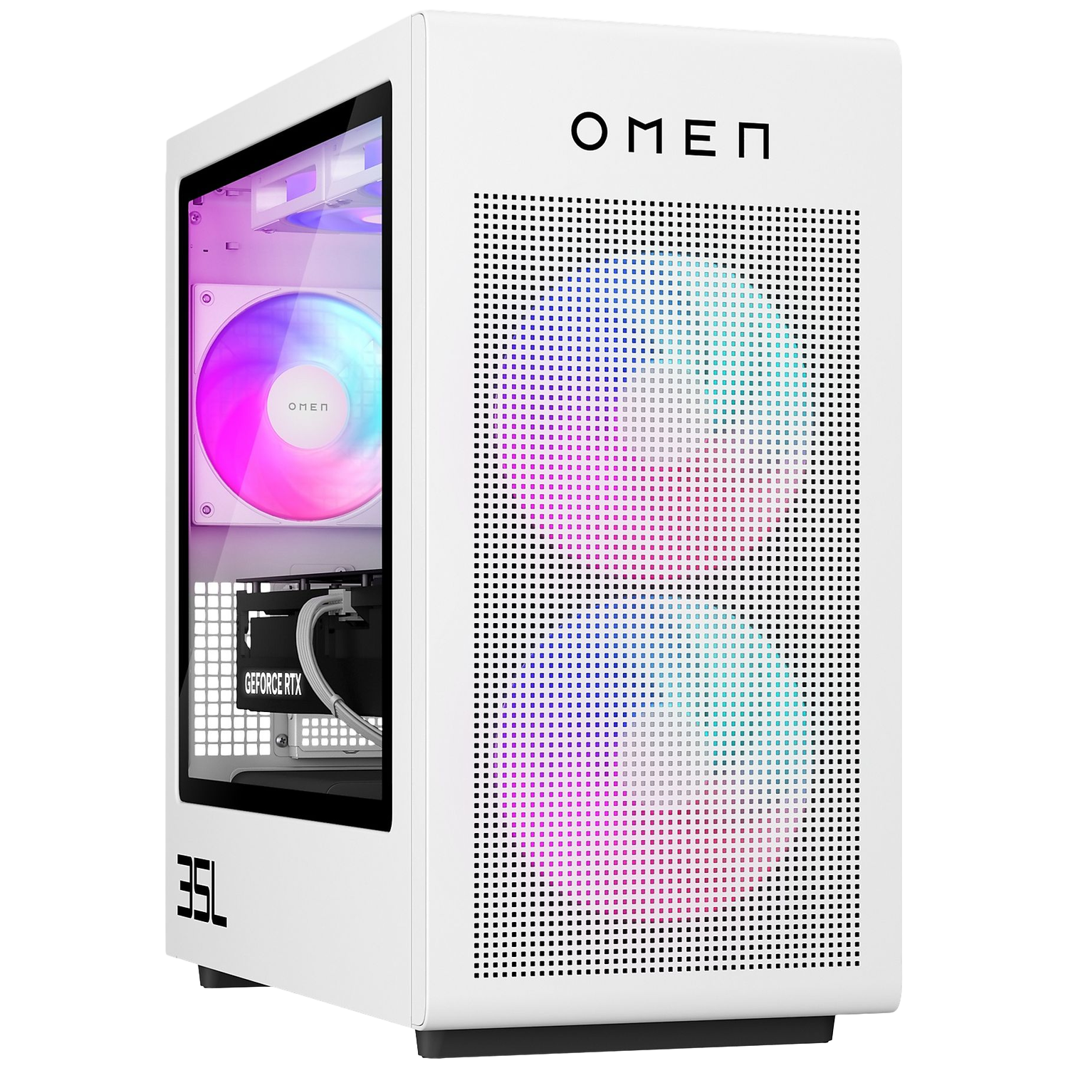 Een witte OMEN PC met RGB-ventilator en GeForce RTX grafische kaart.