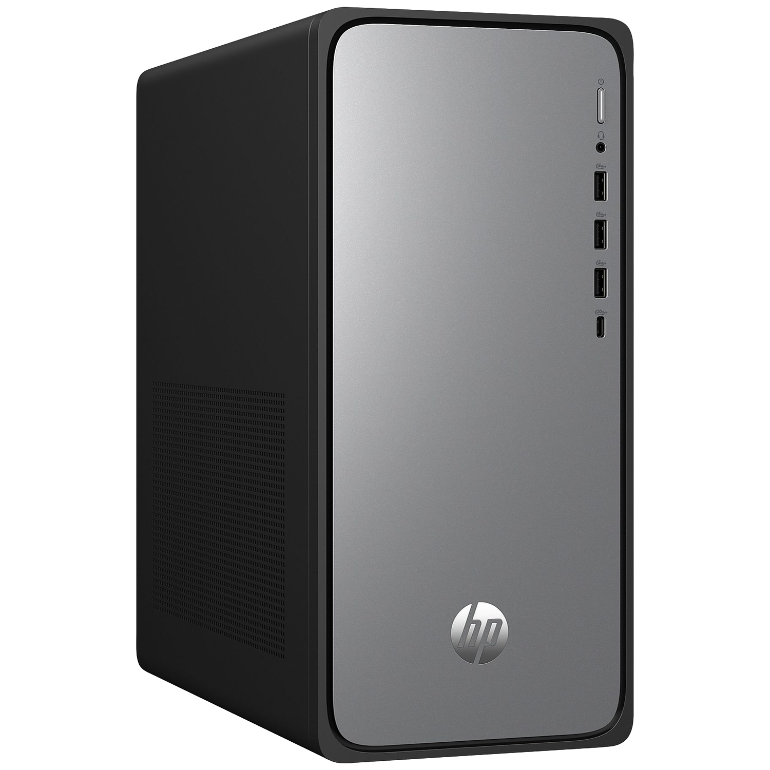 A black HP desktop tower with a silver front panel and ports.