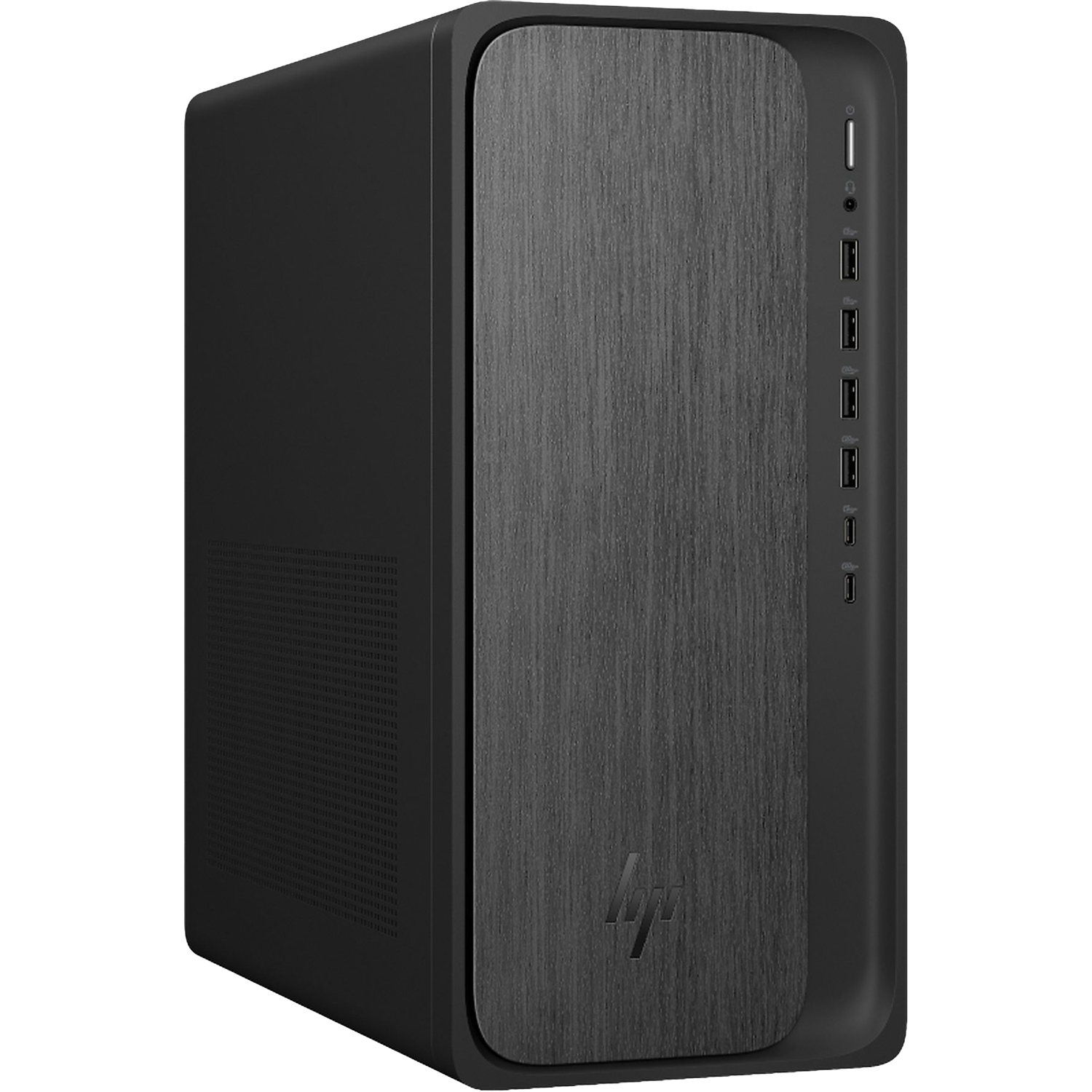 Zwarte desktop toren met geborsteld frontpaneel en zijpoorten.