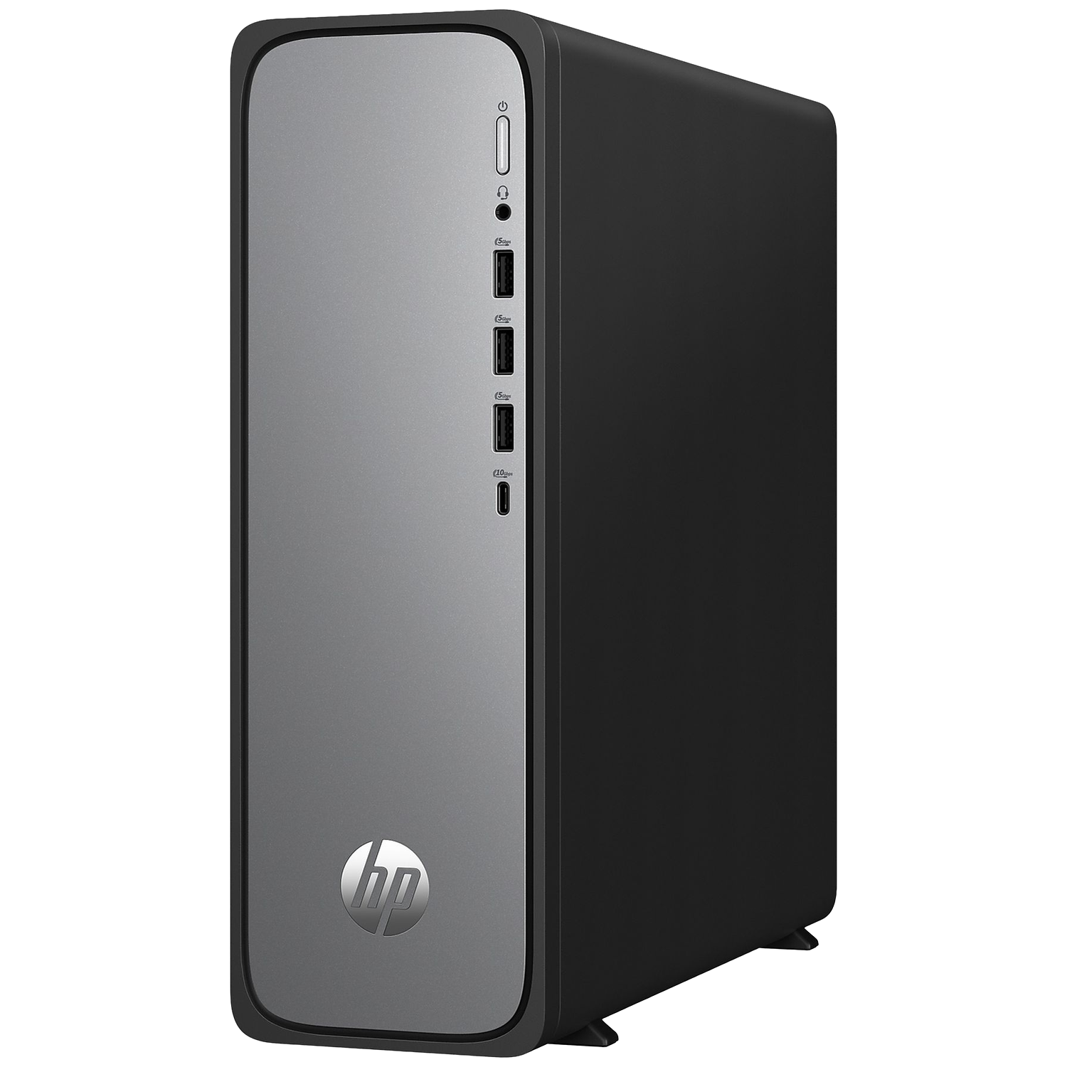 Une tour PC HP noire avec panneau avant argenté et ports.