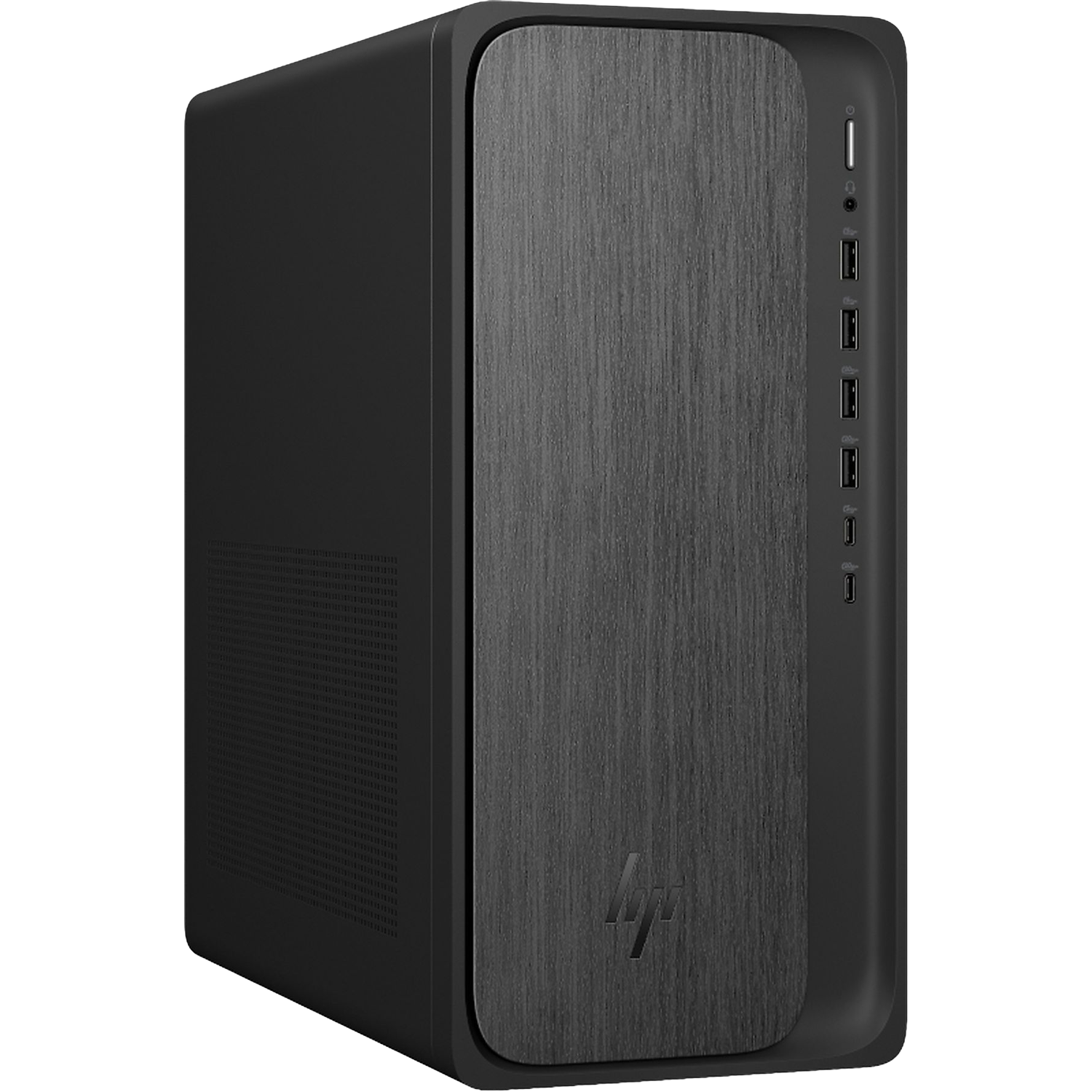 Black desktop computer with a brushed front panel and USB ports.