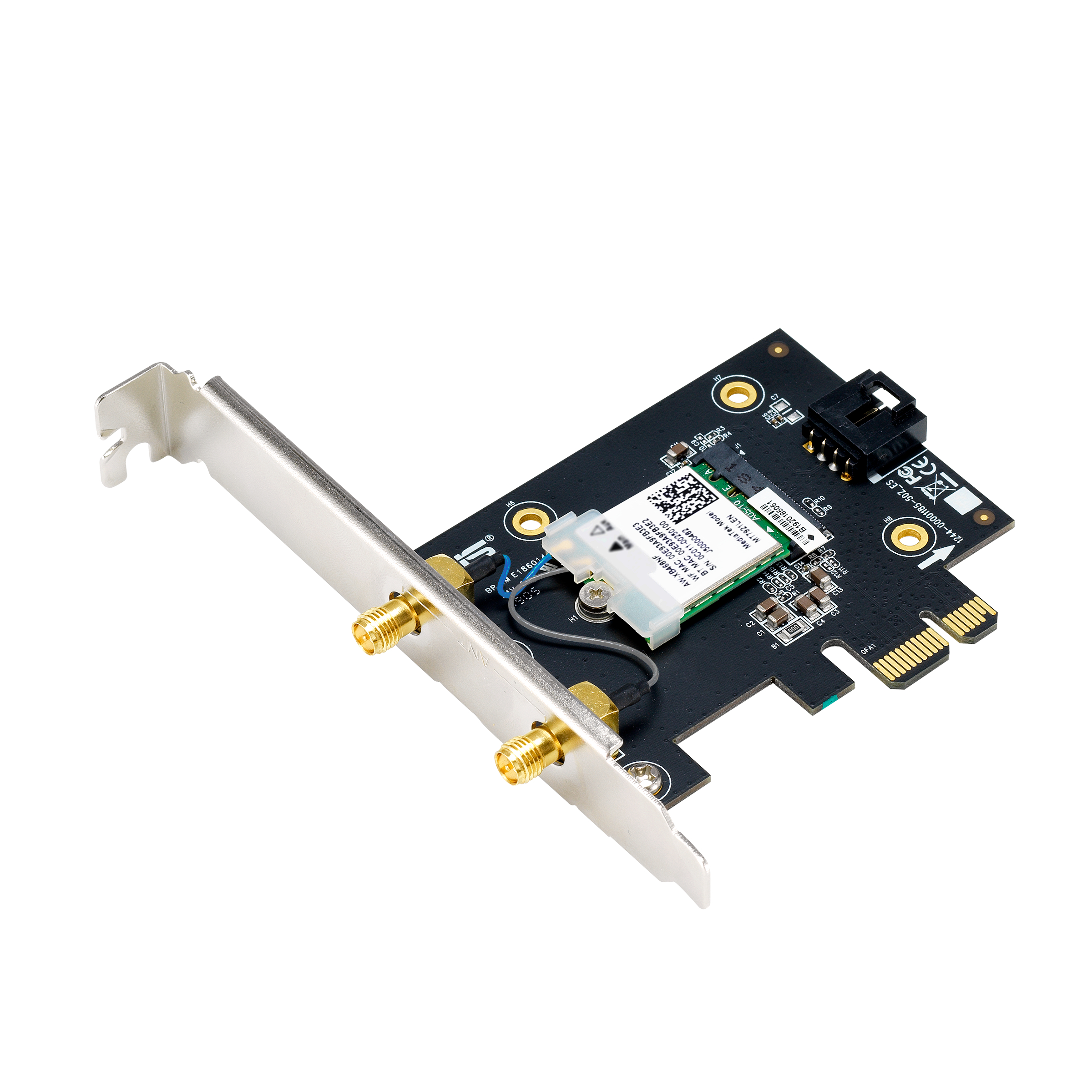Eine WLAN-Karte mit goldenen Anschlüssen und einem schwarzen PCB.