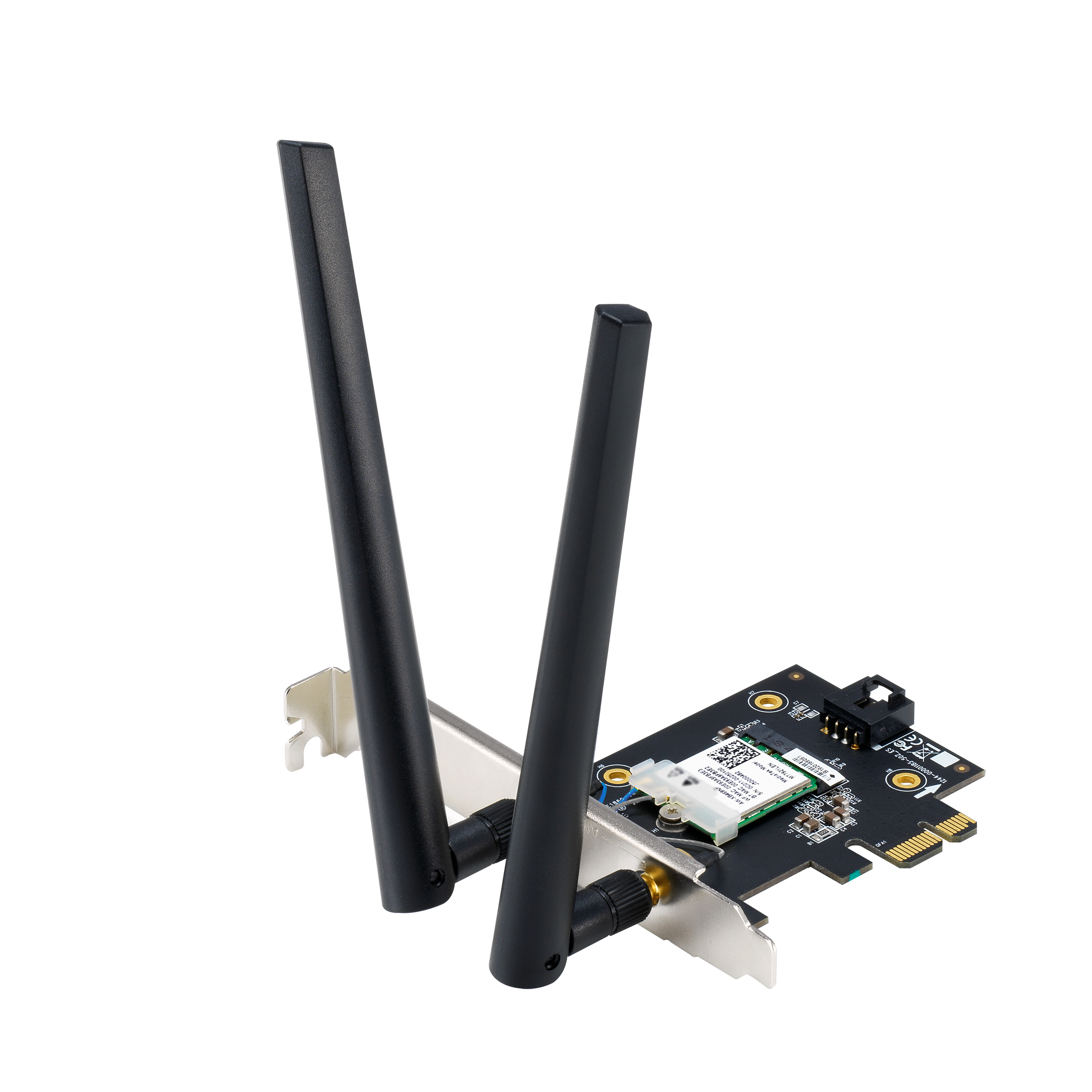 Eine schwarze WLAN-Karte mit zwei Antennen auf weißem Hintergrund.