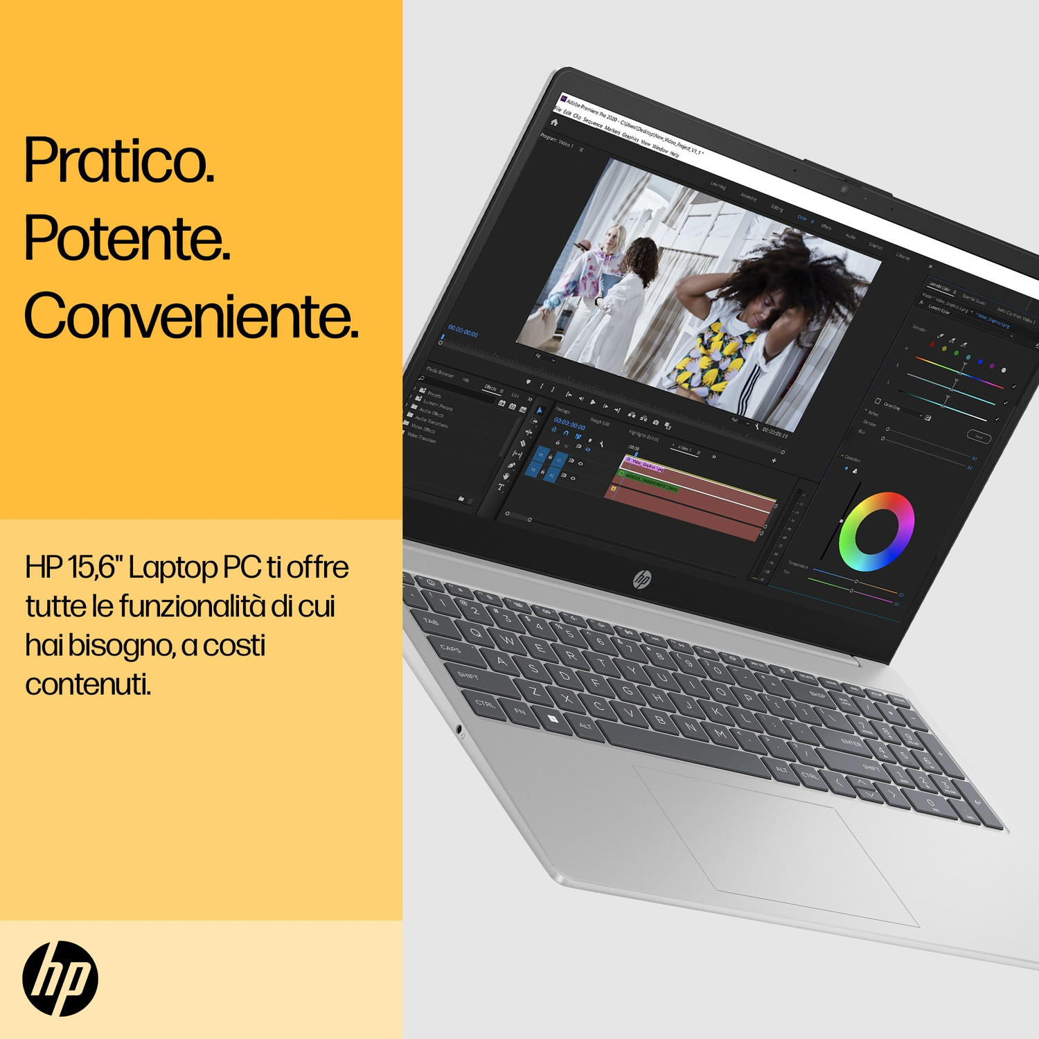 Un laptop HP argentato mostra software di editing video con strumenti di correzione colore.