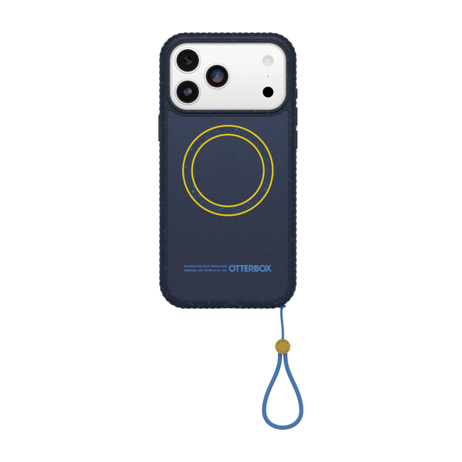 Custodia blu scuro per telefono con fotocamere, anelli gialli e cordino.