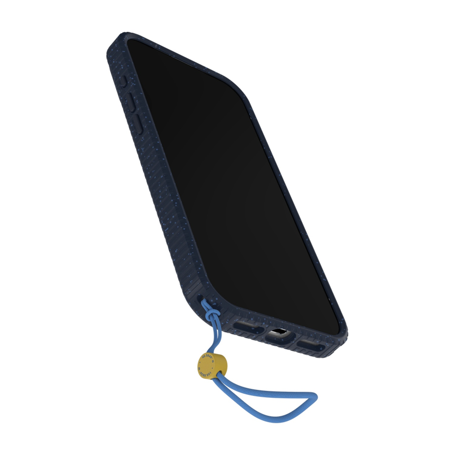 Custodia blu scuro per telefono con cordino blu e ciondolo giallo.