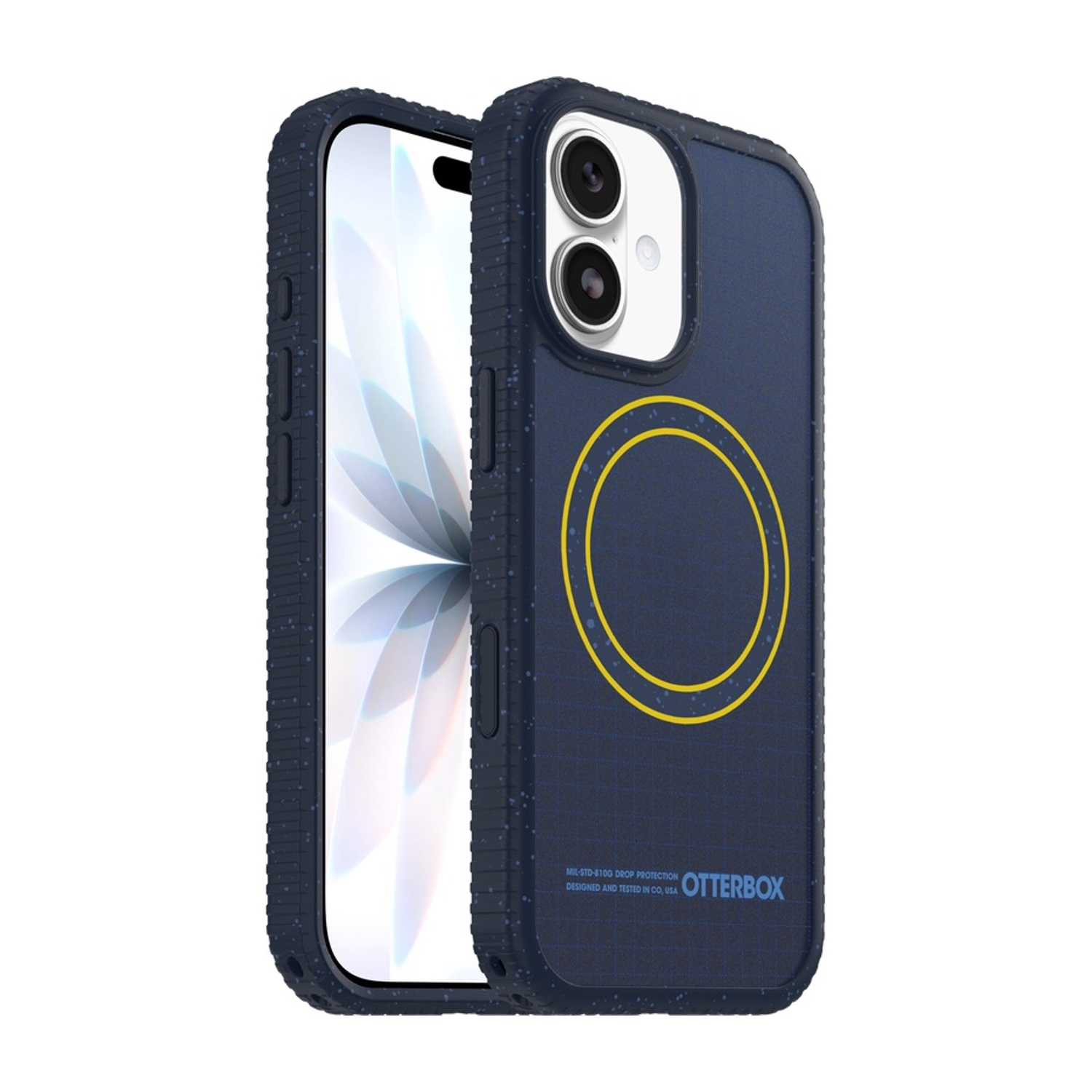 Custodia blu scuro con cerchio giallo e fotocamera su sfondo bianco.