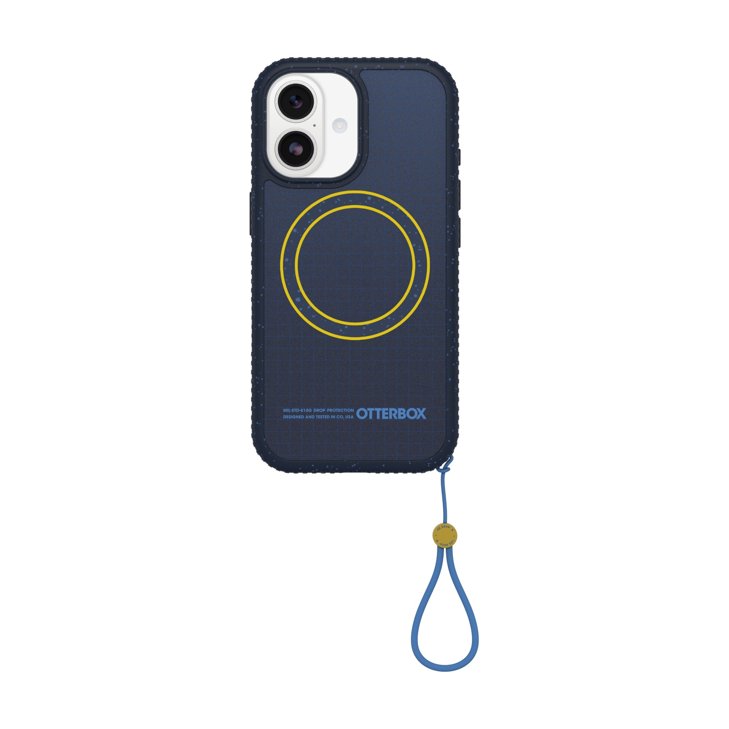 Custodia blu scuro per telefono con anelli gialli e cordino.