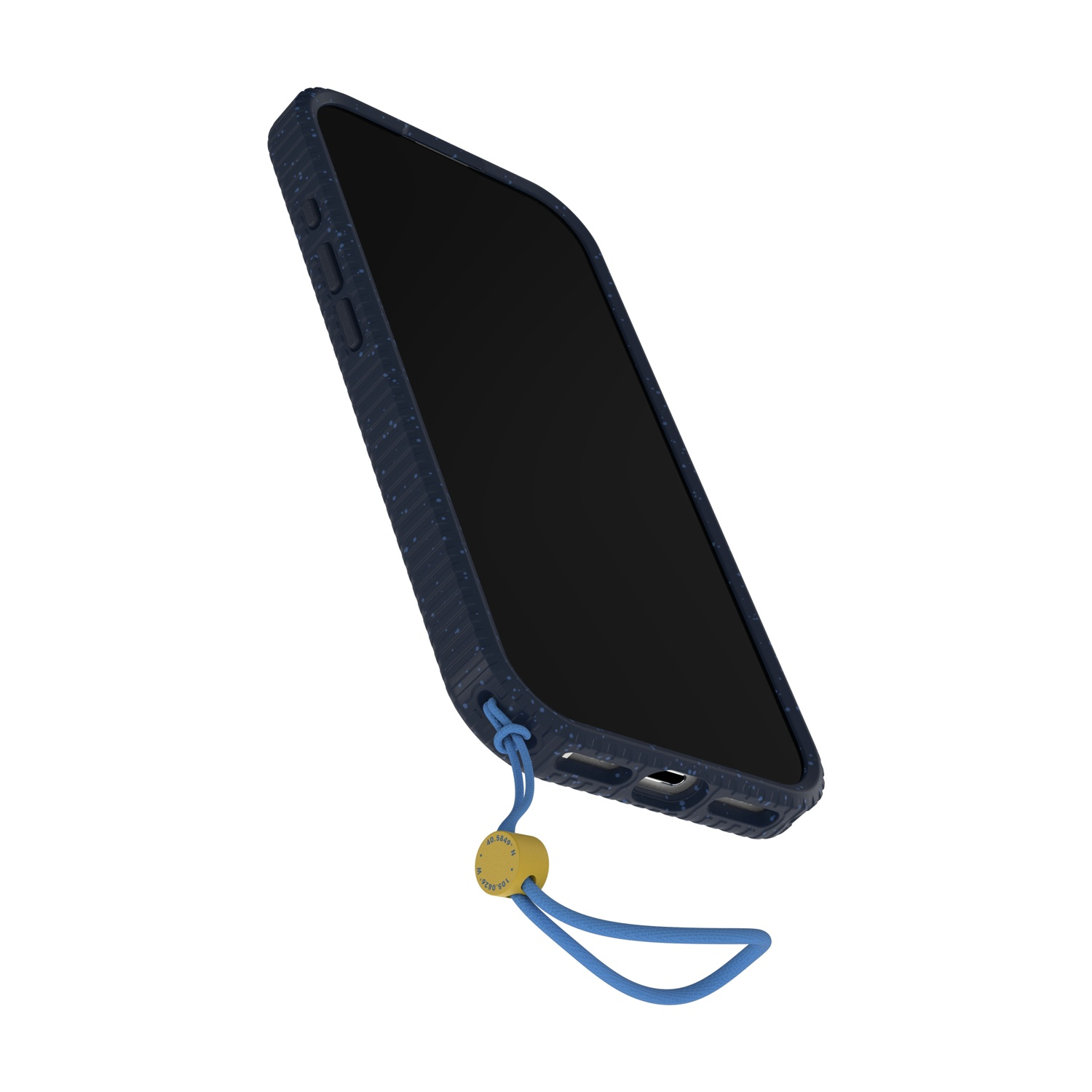 Telefono blu scuro con cordino e ciondolo giallo su sfondo bianco.