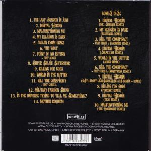 Rückseite eines Albumcovers mit Songtiteln in zwei Spalten und Bonus-Disc-Titeln.