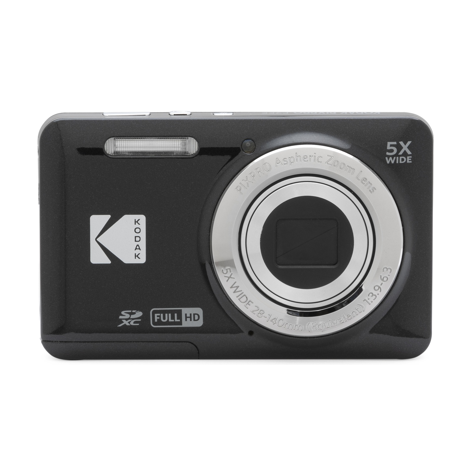 Fotocamera digitale nera con obiettivo zoom ottico 5x e flash.
