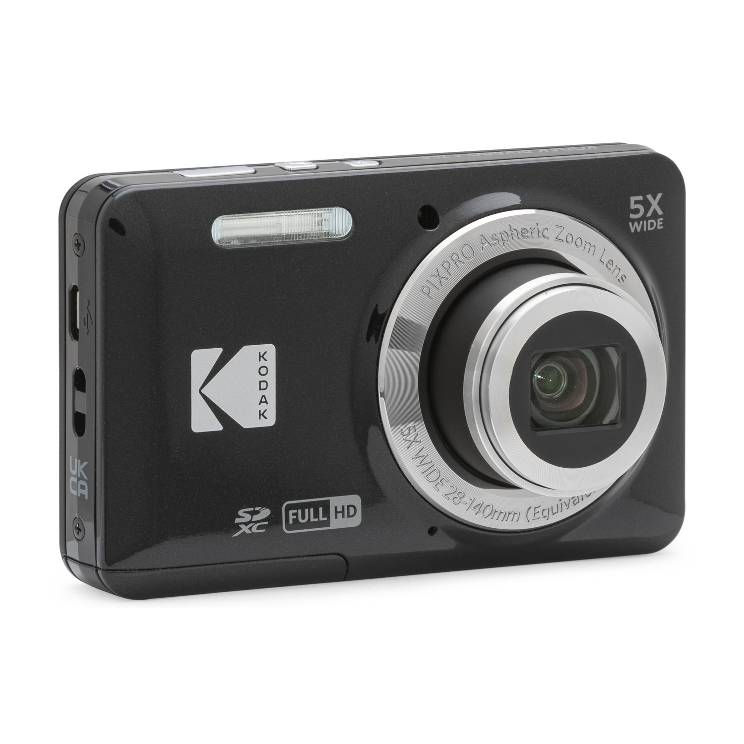 Una fotocamera digitale Kodak nera con obiettivo zoom grandangolare 5x.