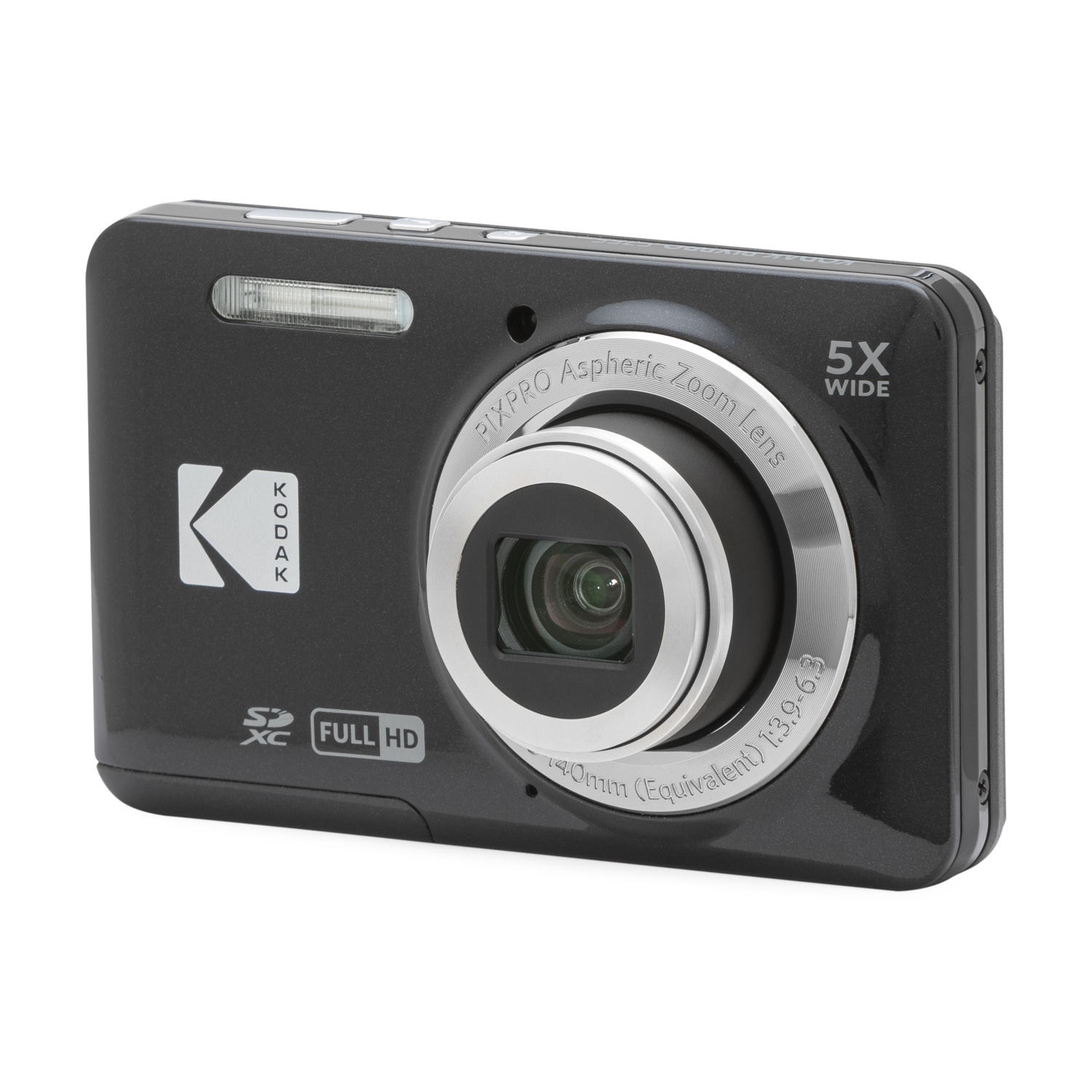 Fotocamera digitale Kodak nera con zoom ottico 5x e Full HD.