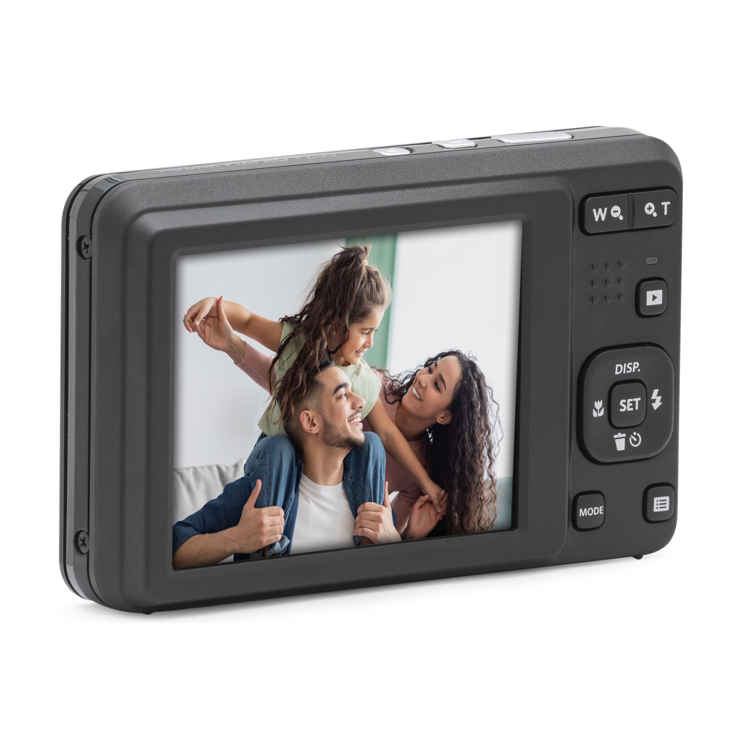 Una famiglia fotografata sullo schermo di una fotocamera digitale.