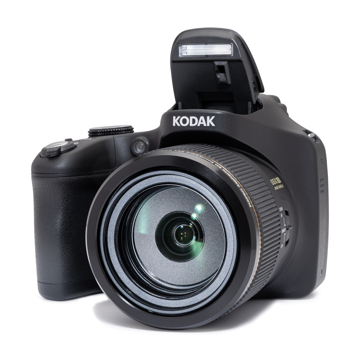 Fotocamera digitale Kodak nera con flash a scomparsa e obiettivo grande.