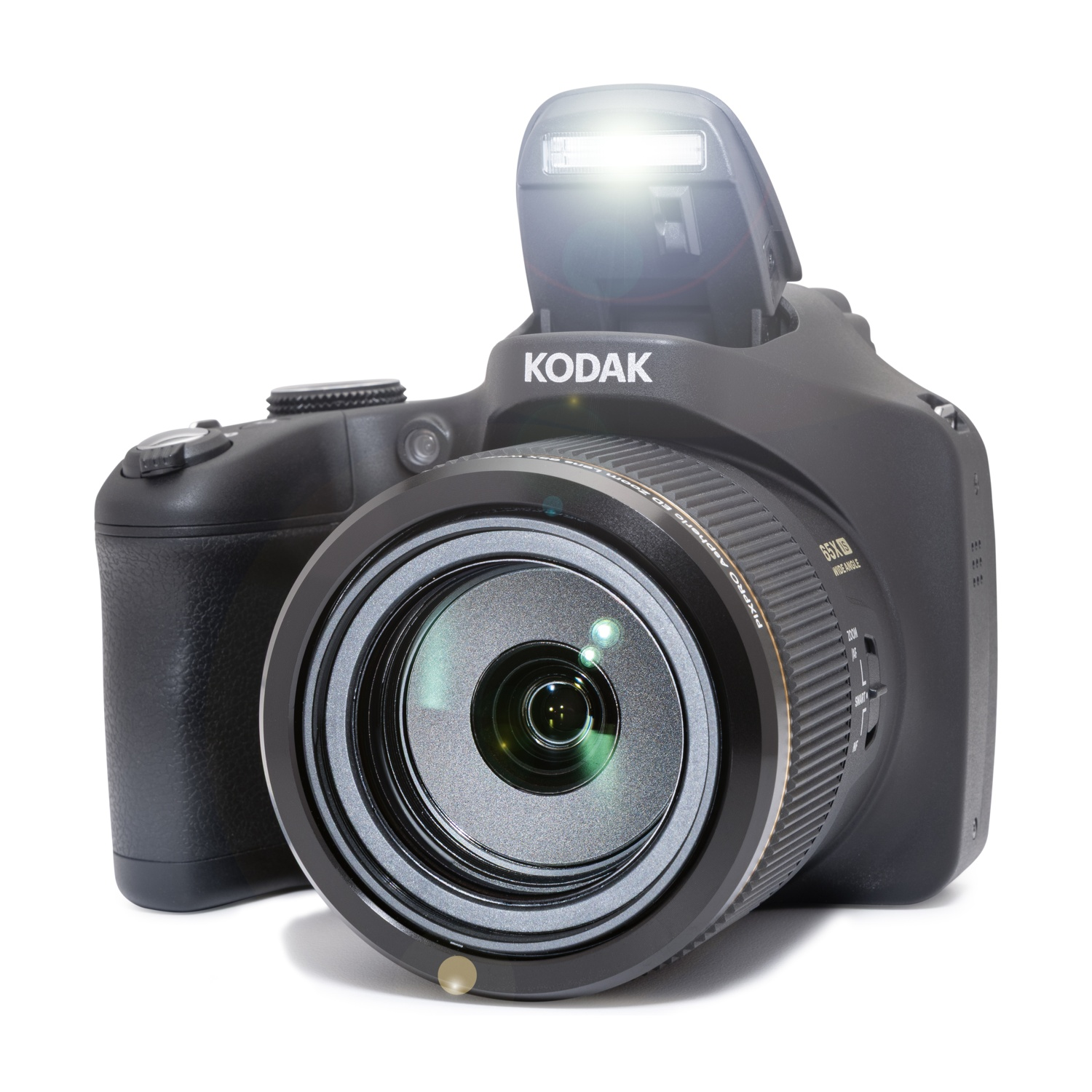Una fotocamera digitale Kodak nera con flash esteso e obiettivo grande.