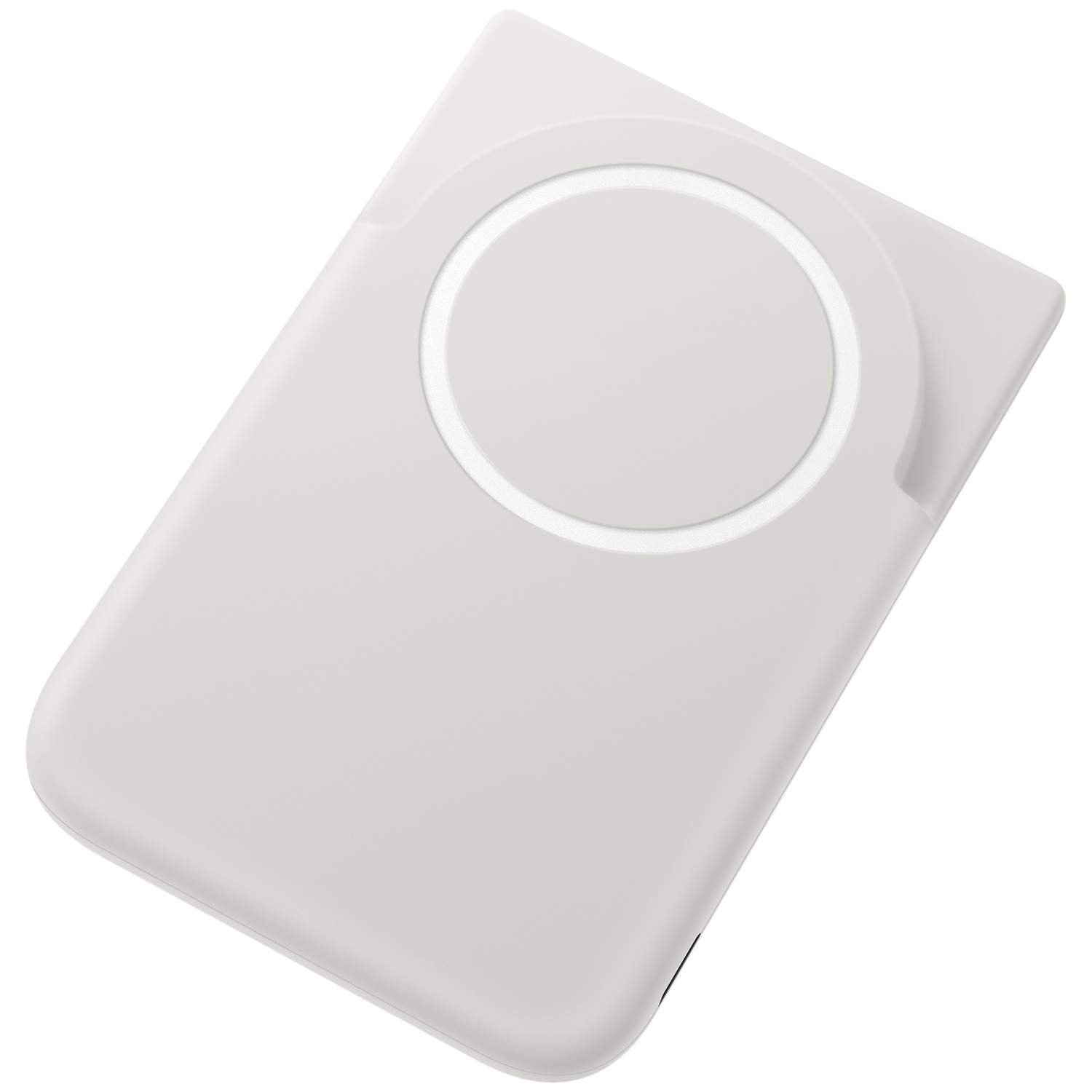 Een witte oplaadcase met een ronde uitsparing aan de voorkant.