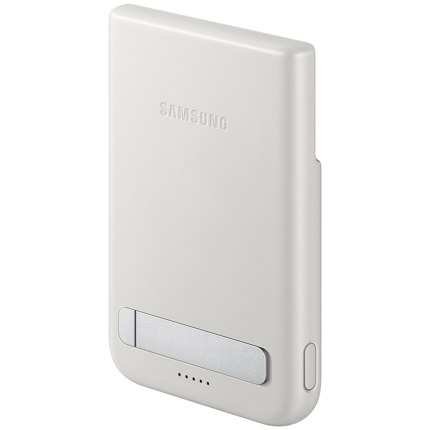 Een witte Samsung powerbank met zilveren standaard.