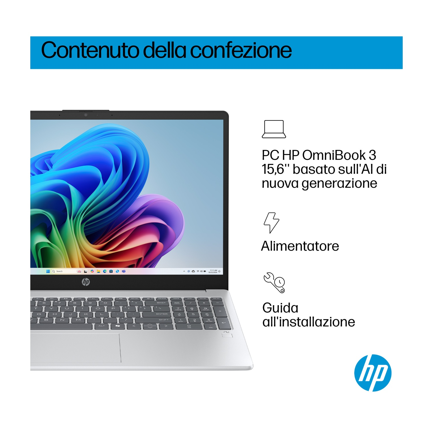 Laptop HP argento con sfondo colorato, alimentatore e guida all'installazione.