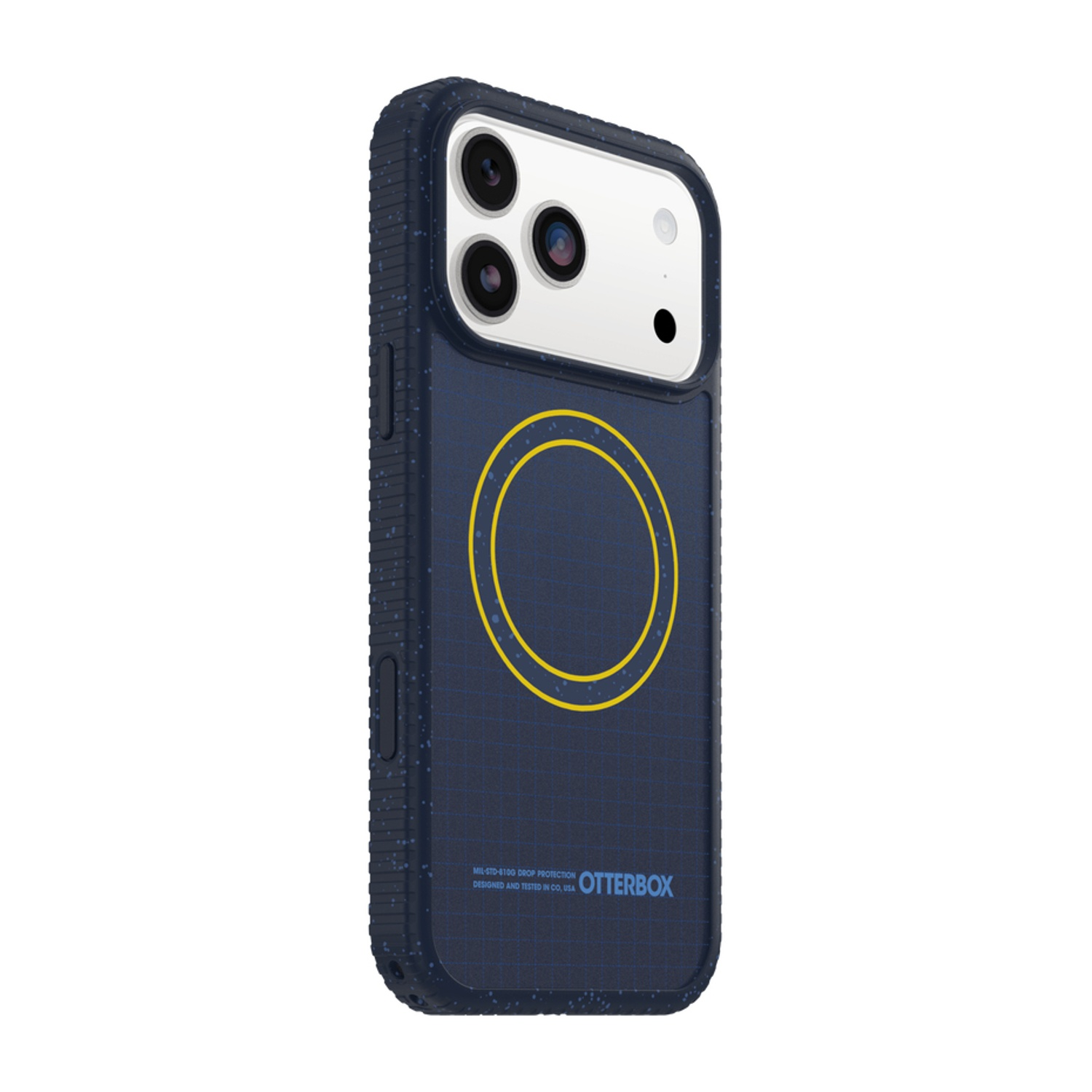 Custodia blu scuro per telefono con tre fotocamere, anelli gialli e testo.