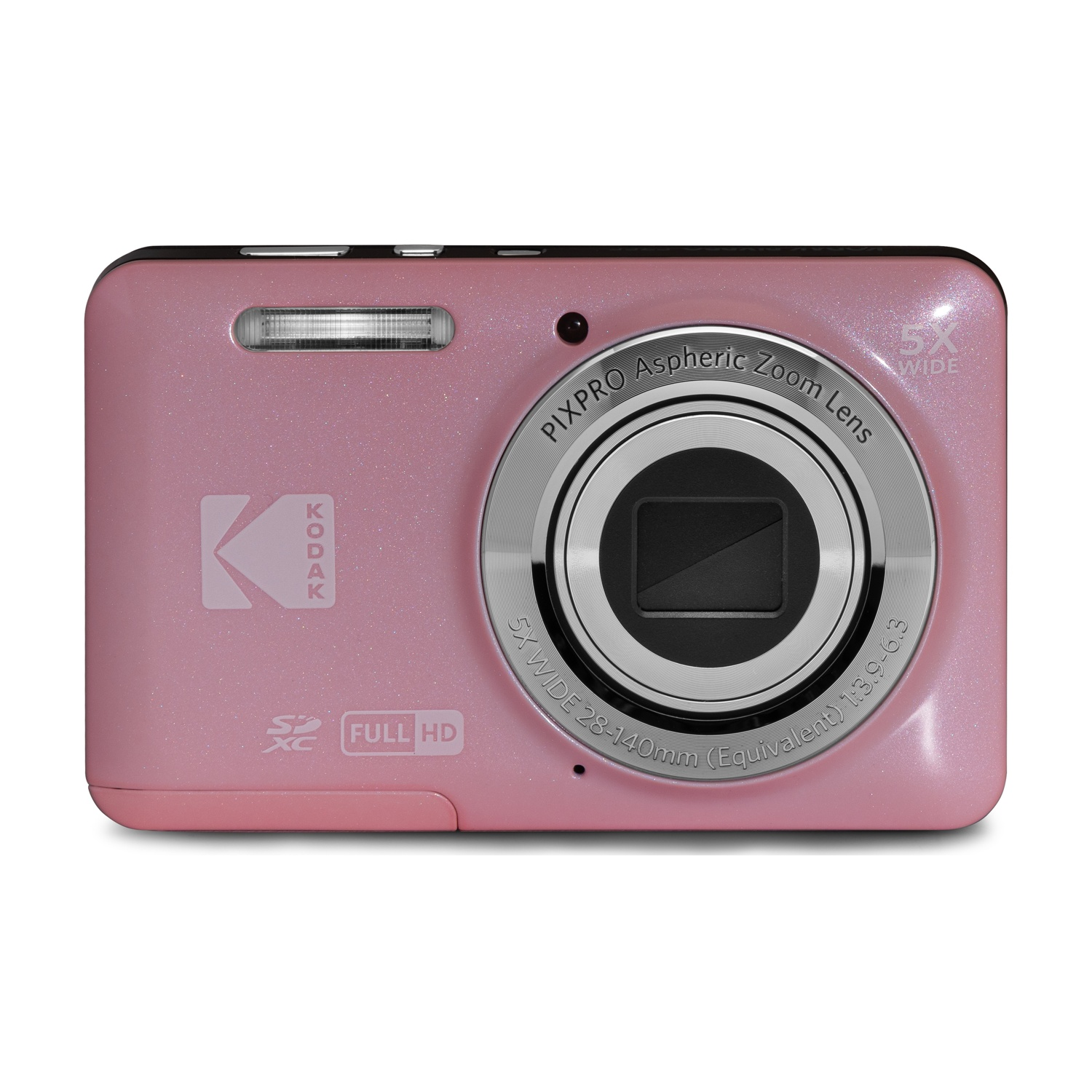 Una fotocamera digitale Kodak rosa con flash e zoom 5x.