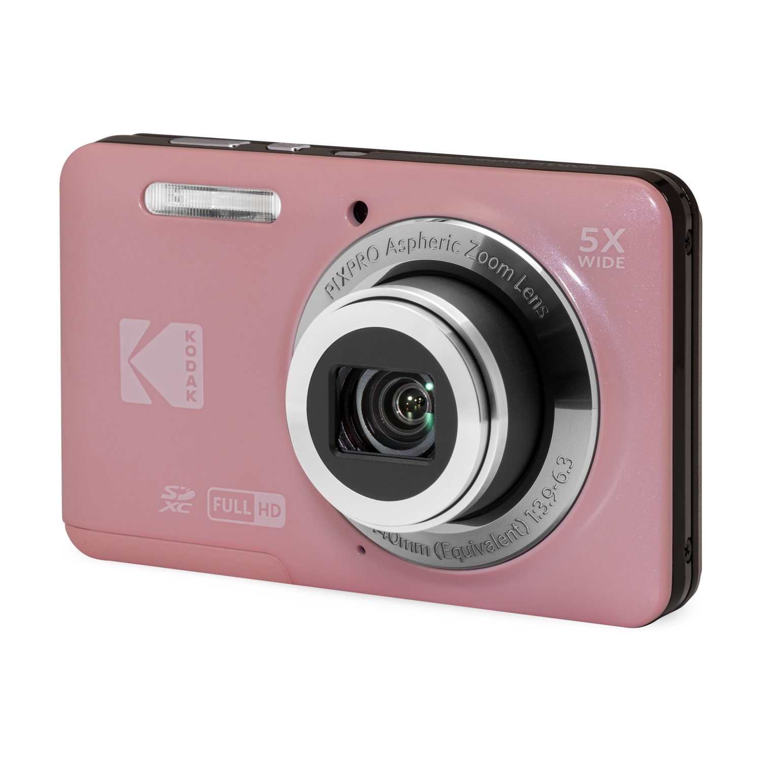 Una fotocamera digitale Kodak rosa con zoom ottico 5x e registrazione Full HD.
