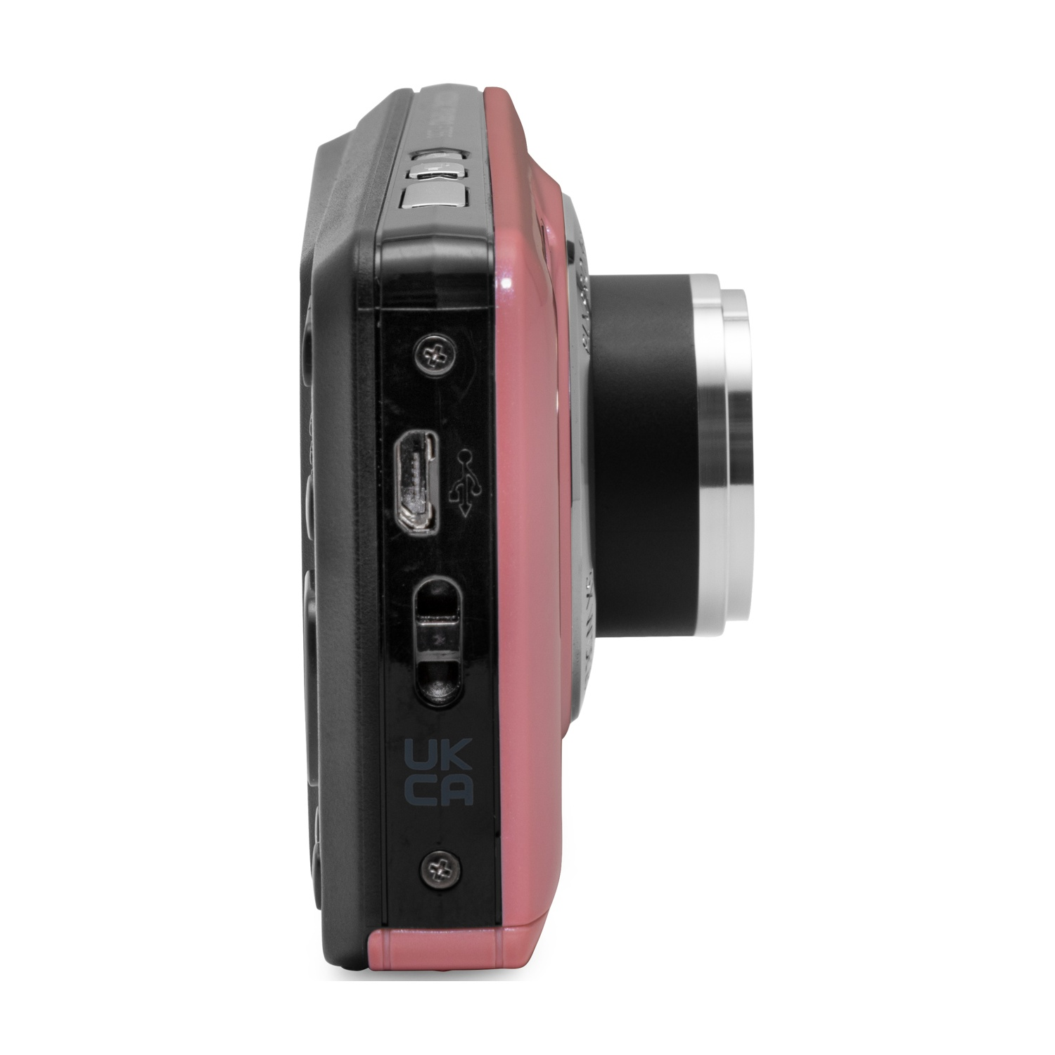 Fotocamera digitale rosa con porta USB e obiettivo.