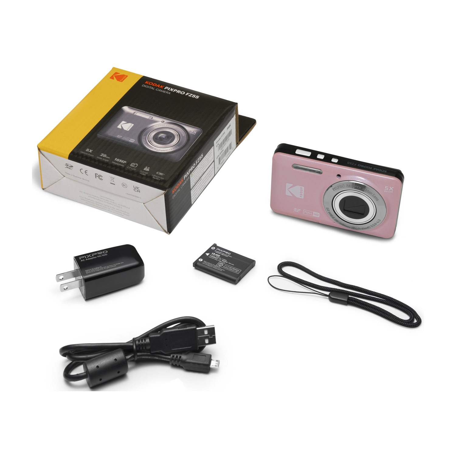 Una fotocamera digitale rosa, caricabatterie, batteria, cavo USB e cinturino.