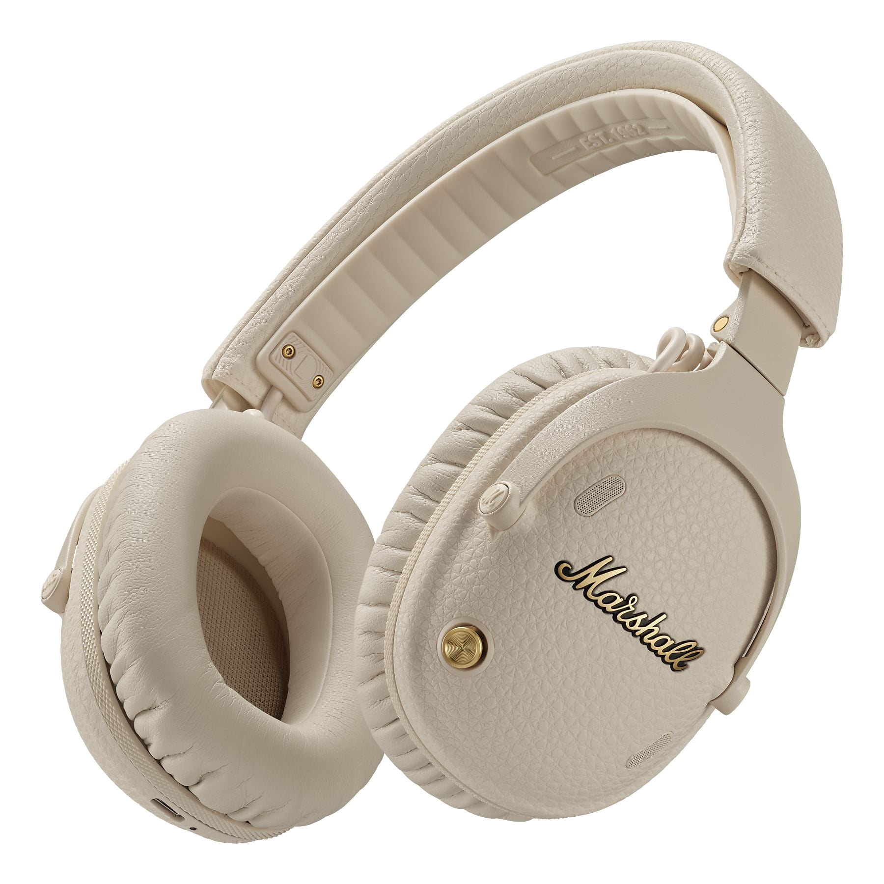 Beżowe słuchawki Marshall ze złotym logo i skórzaną fakturą.
