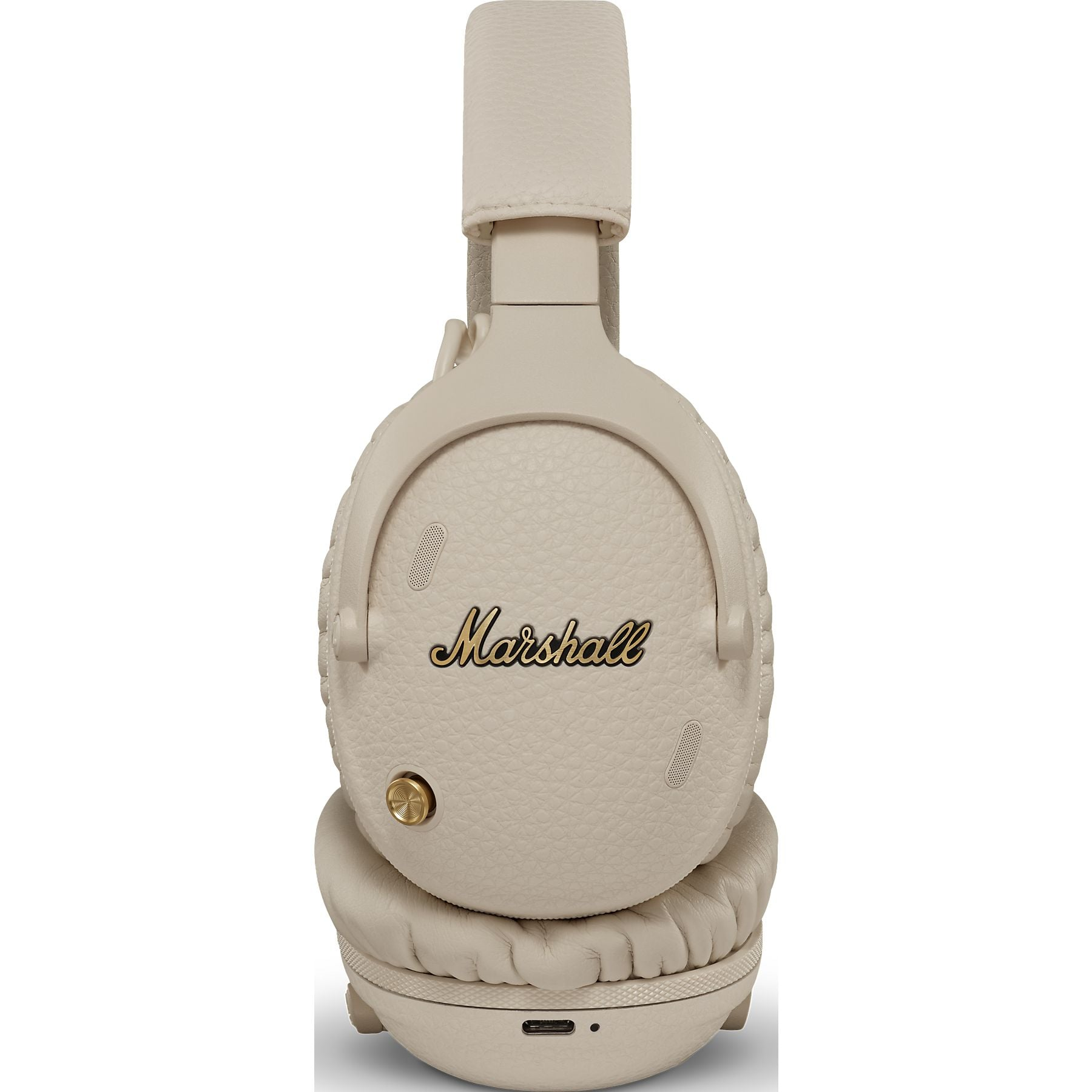 Beżowe słuchawki Marshall z nausznikami i złotym przyciskiem.