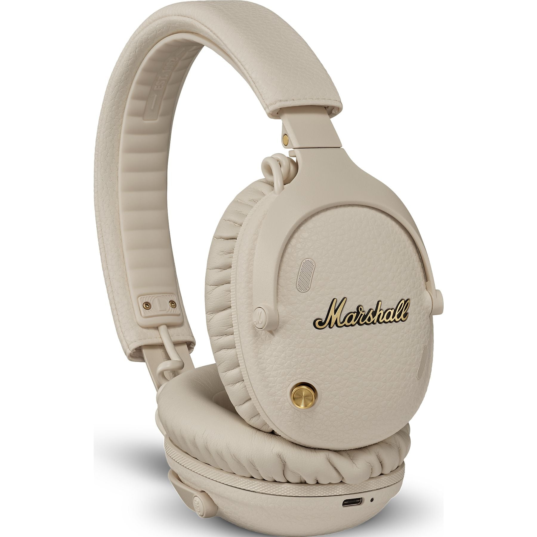 Kremowe słuchawki Marshall ze złotymi akcentami i portem USB-C.