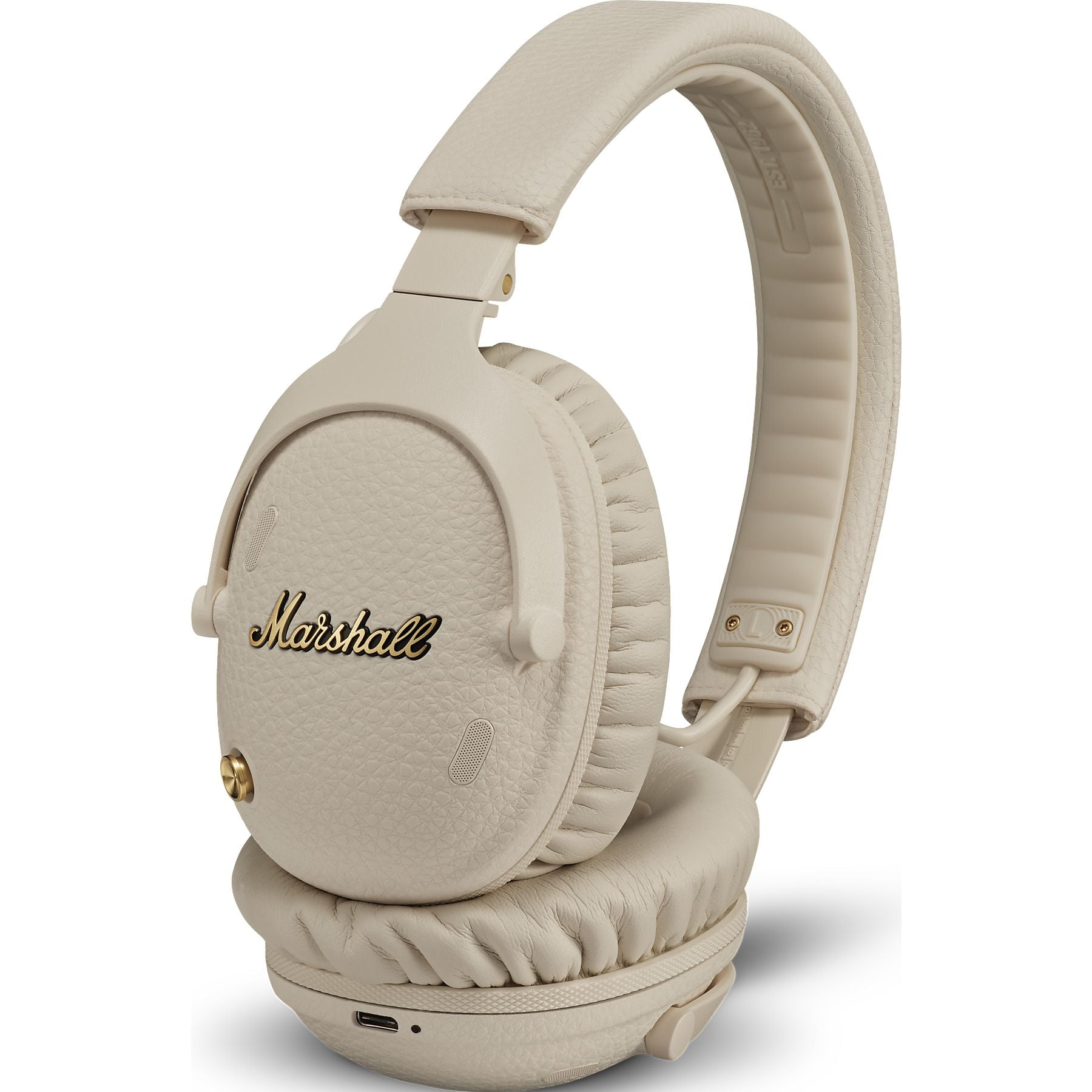 Beżowe słuchawki Marshall ze złotym logo i portem USB-C.