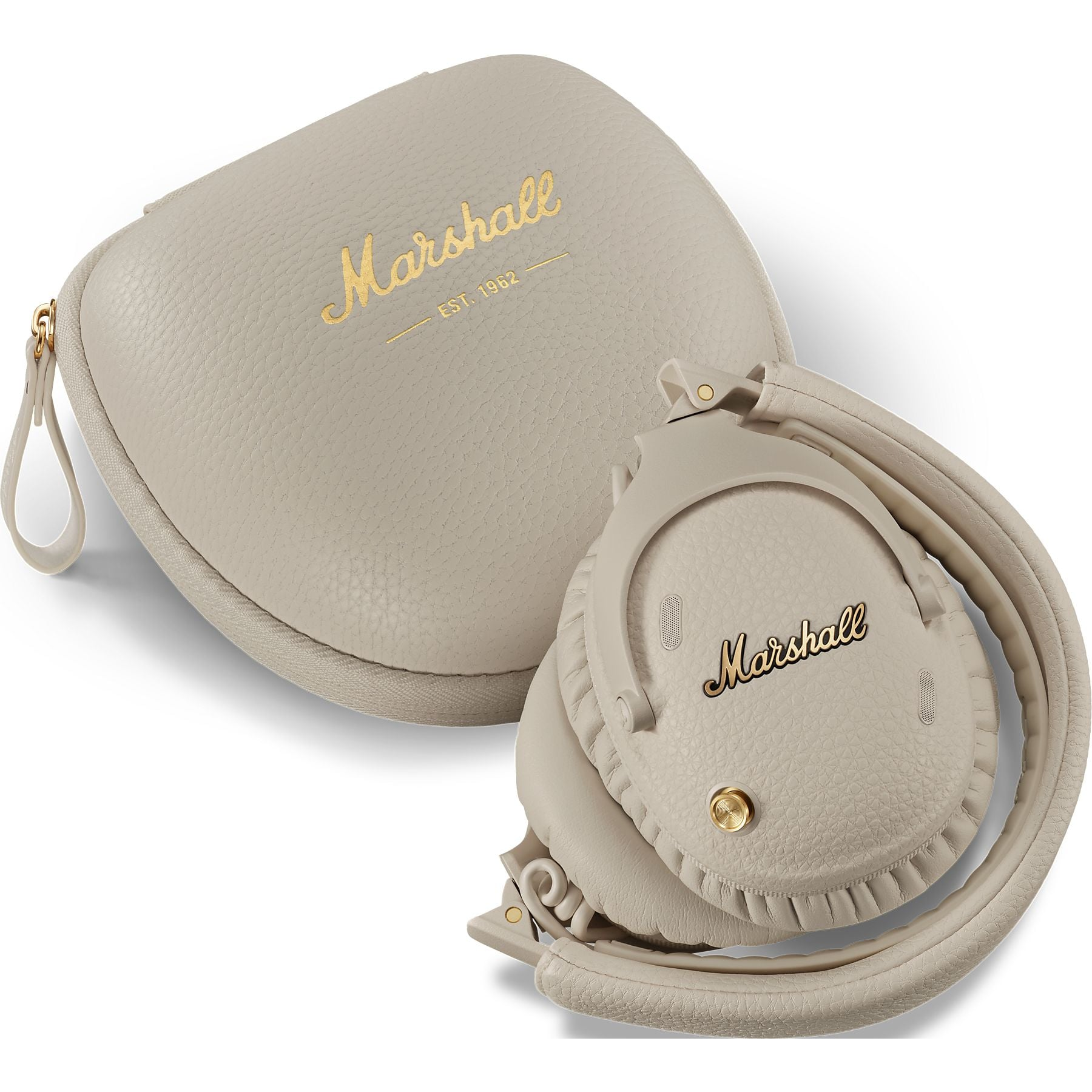 Beżowe słuchawki Marshall i etui ze złotym logo.
