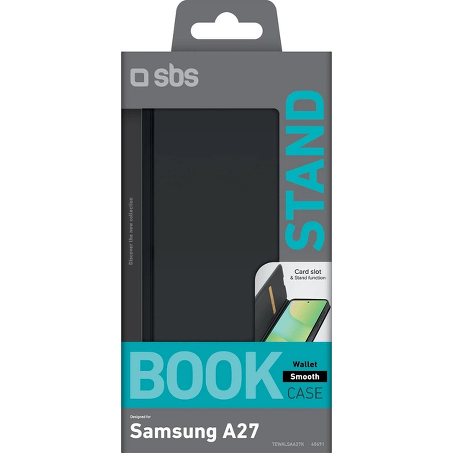 Étui portefeuille livre SBS avec fonction support pour Samsung A27, noir.