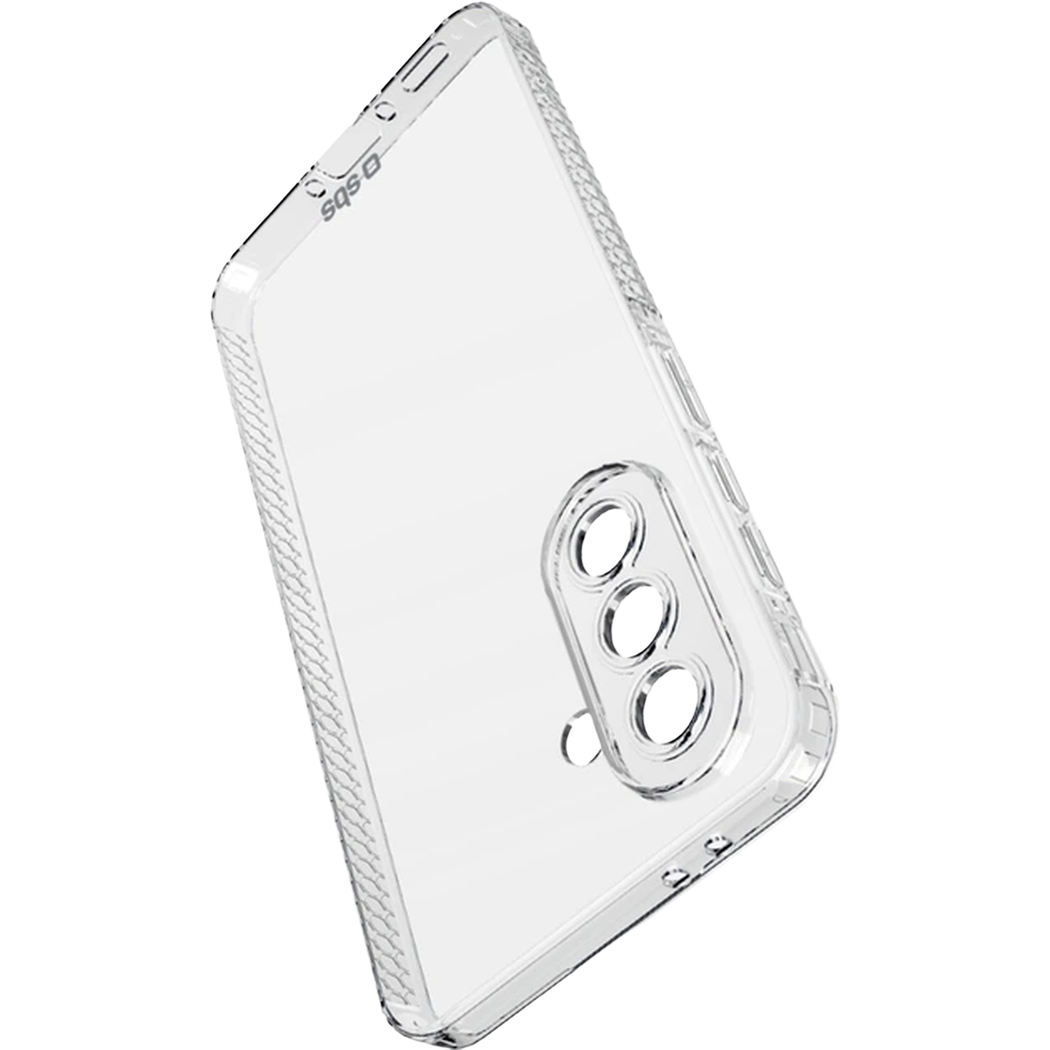 Transparante telefoonhoes met uitsparingen voor camera en knoppen.