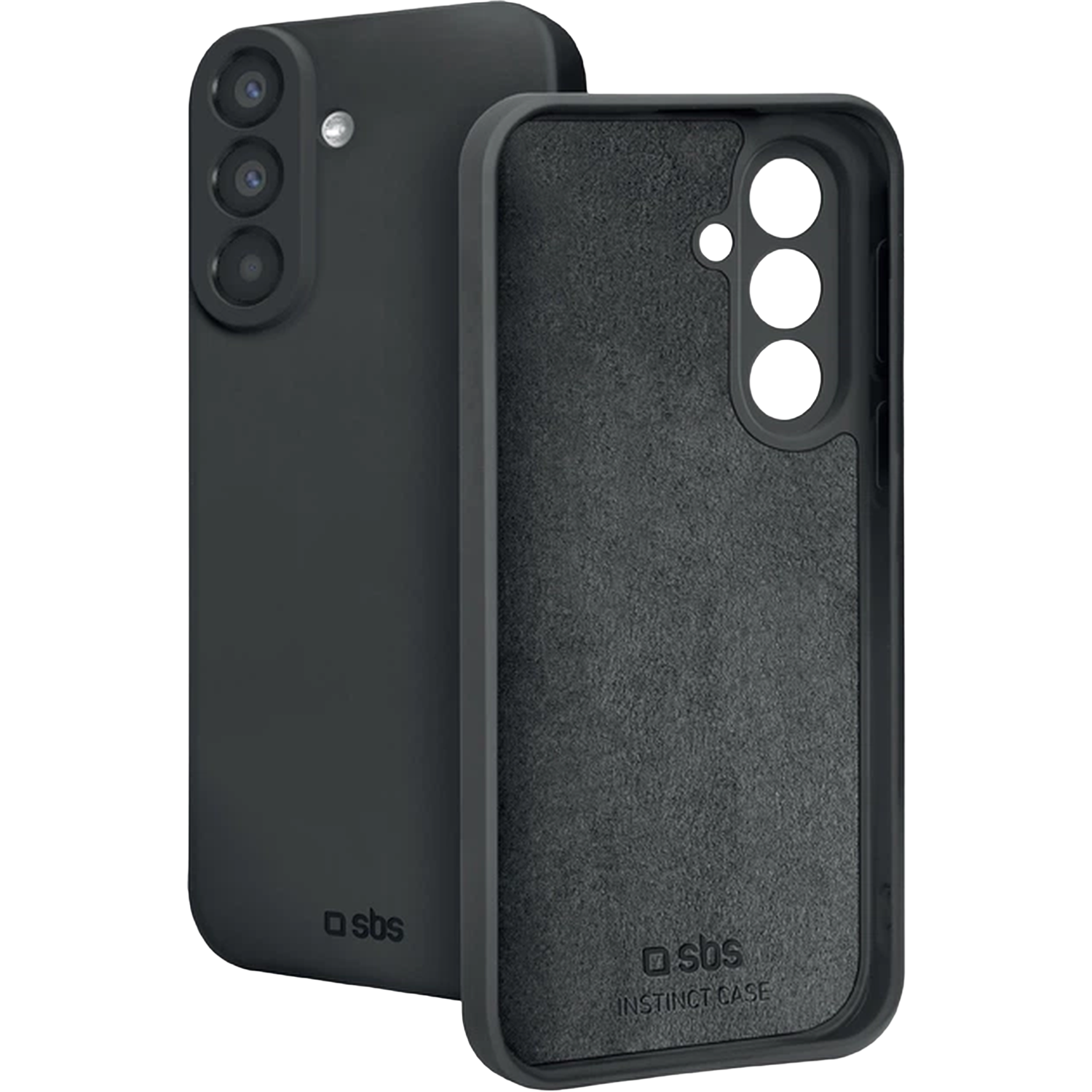 Coque de téléphone noire avec trois objectifs et logo SBS.