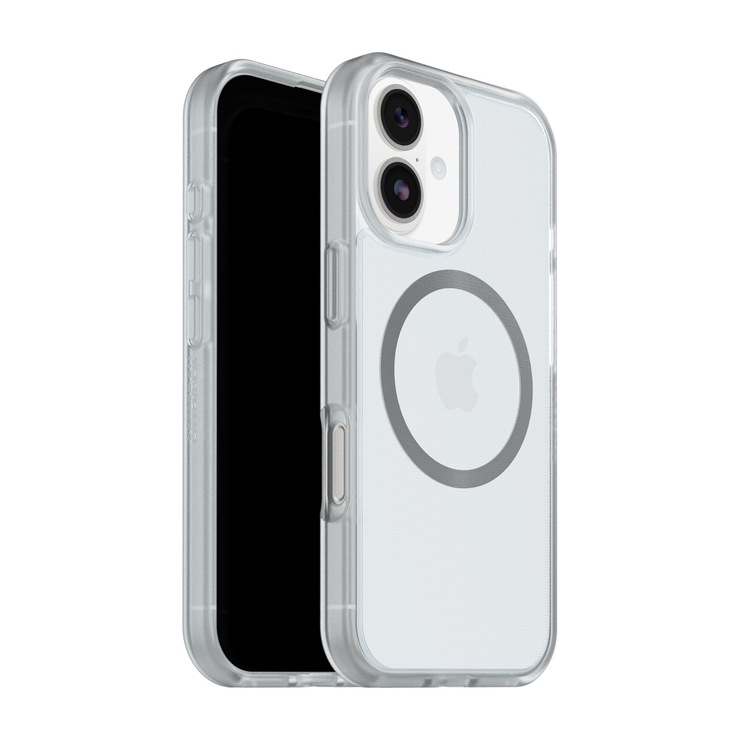 Una cover trasparente per iPhone con logo Apple e anello magnetico.