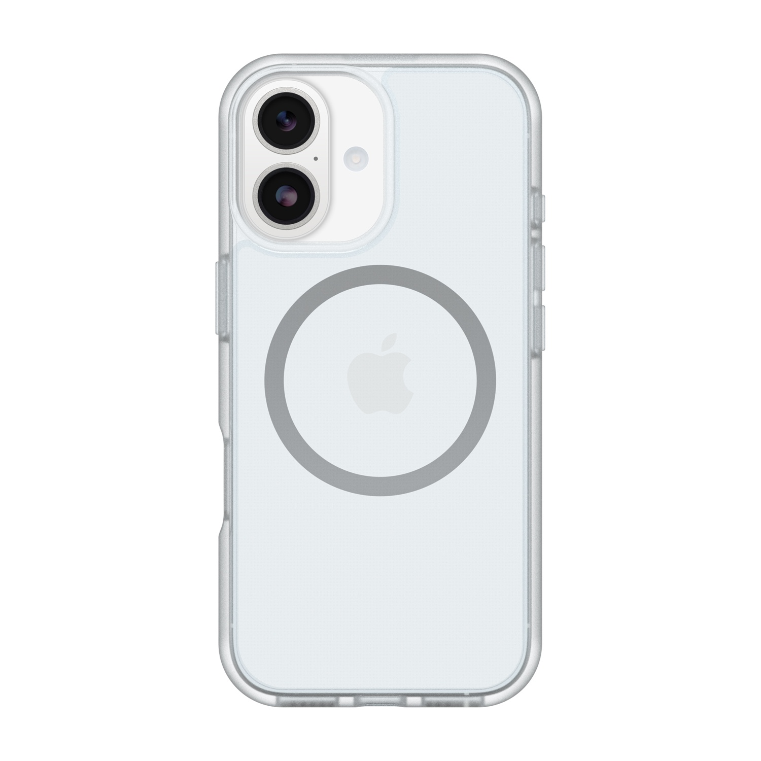 Custodia trasparente per iPhone con doppia fotocamera e logo Apple.