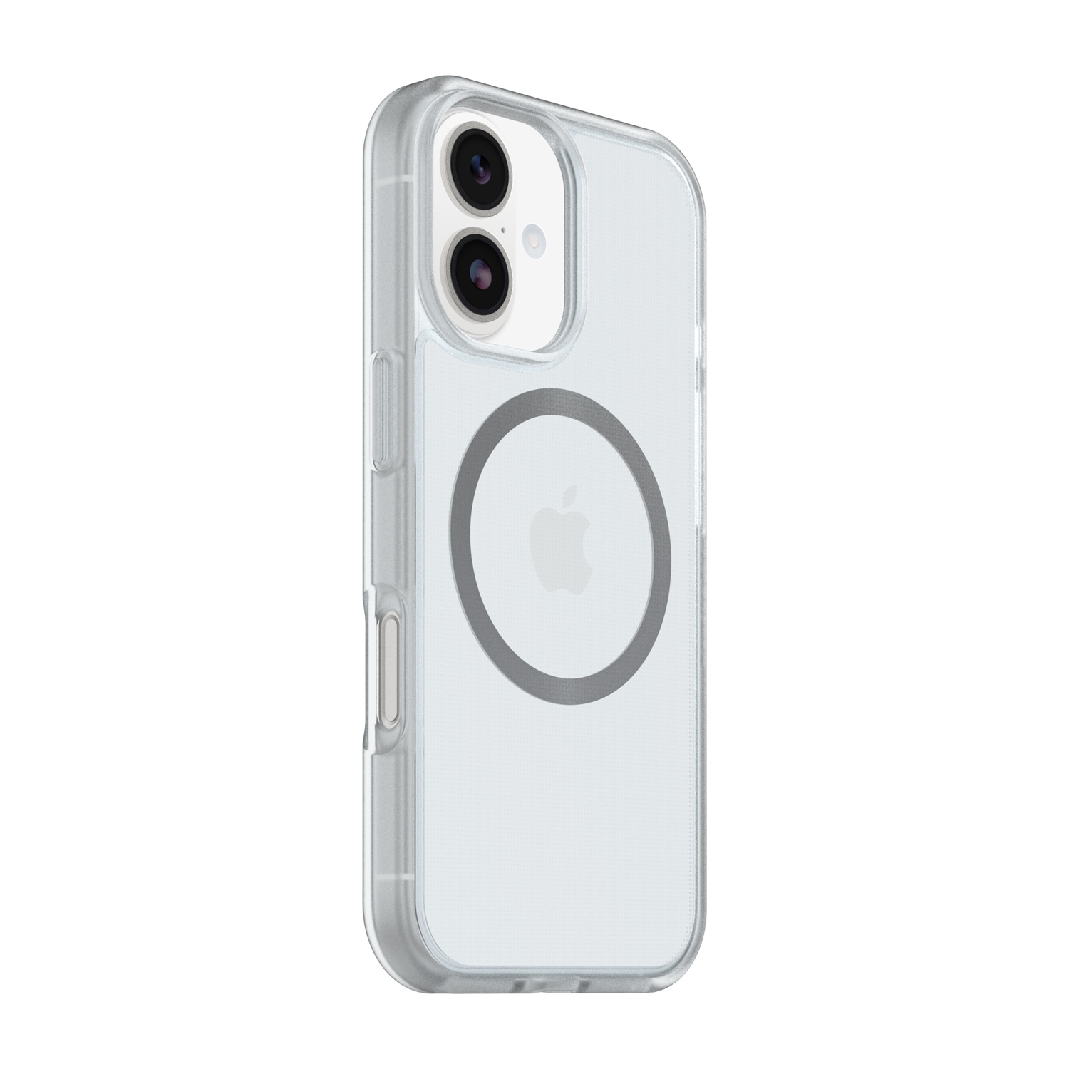 Custodia trasparente per telefono con due fotocamere e logo Apple.