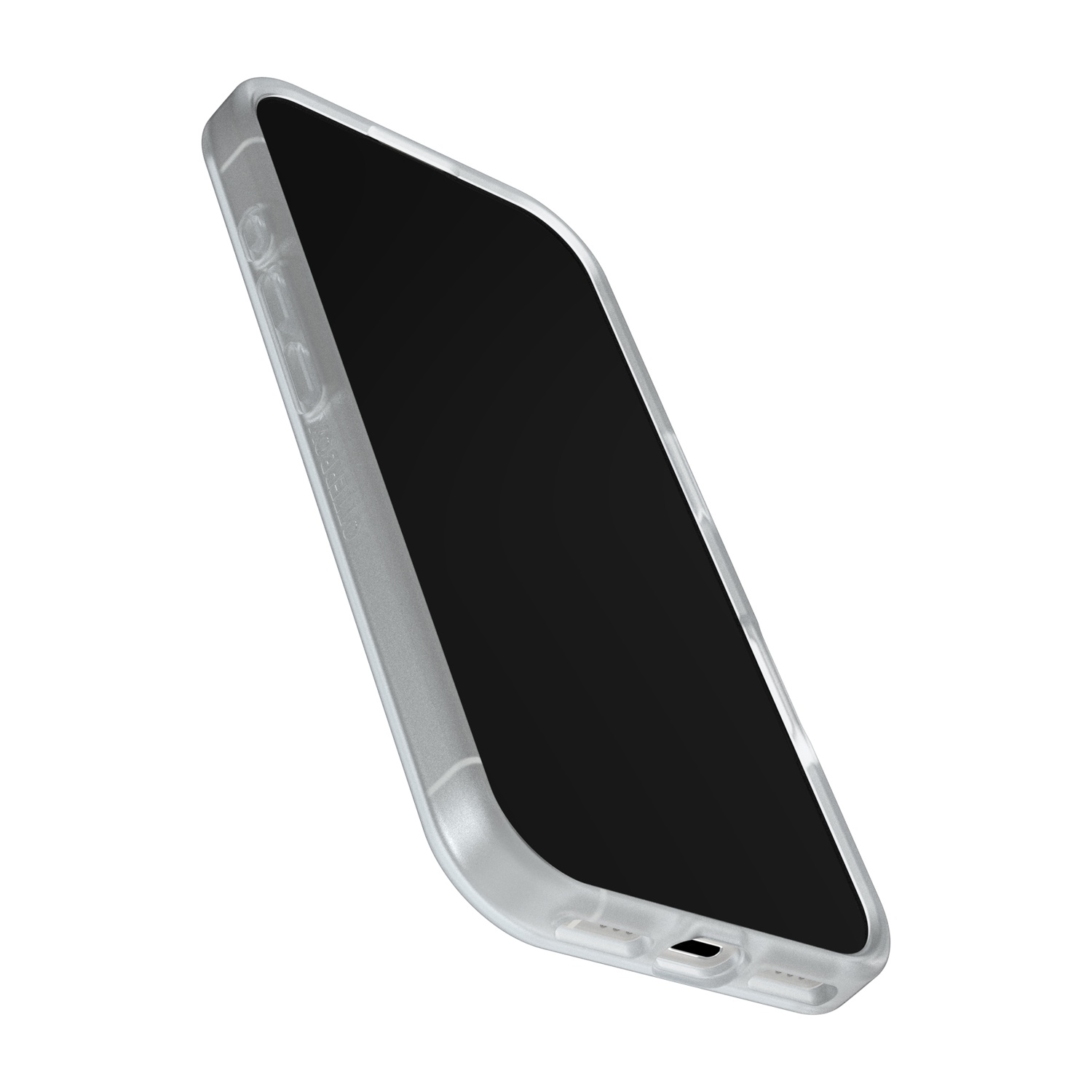 Una cover trasparente per telefono con bordo argentato su sfondo bianco.