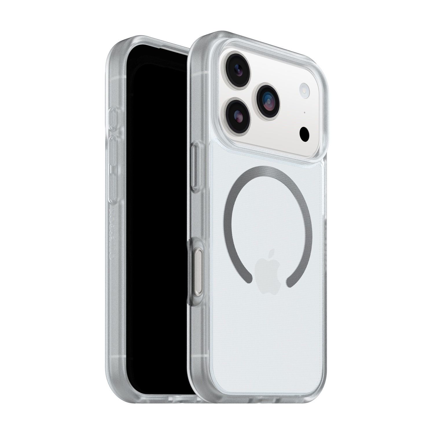 Una custodia trasparente per telefono con anello magnetico e tre lenti.