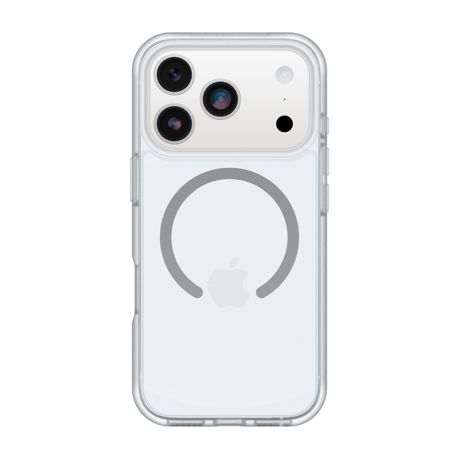 Una cover trasparente per iPhone con tre fotocamere, anello magnetico e logo Apple.