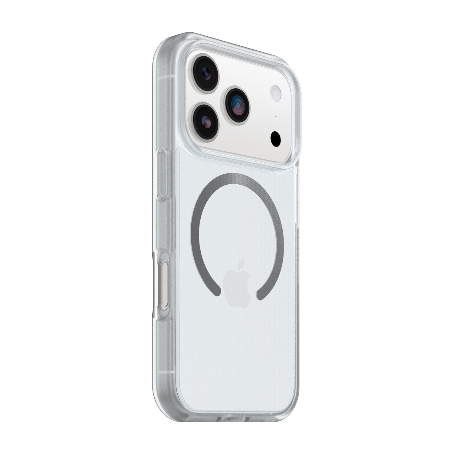Una custodia trasparente per telefono con tre fotocamere e un logo Apple.