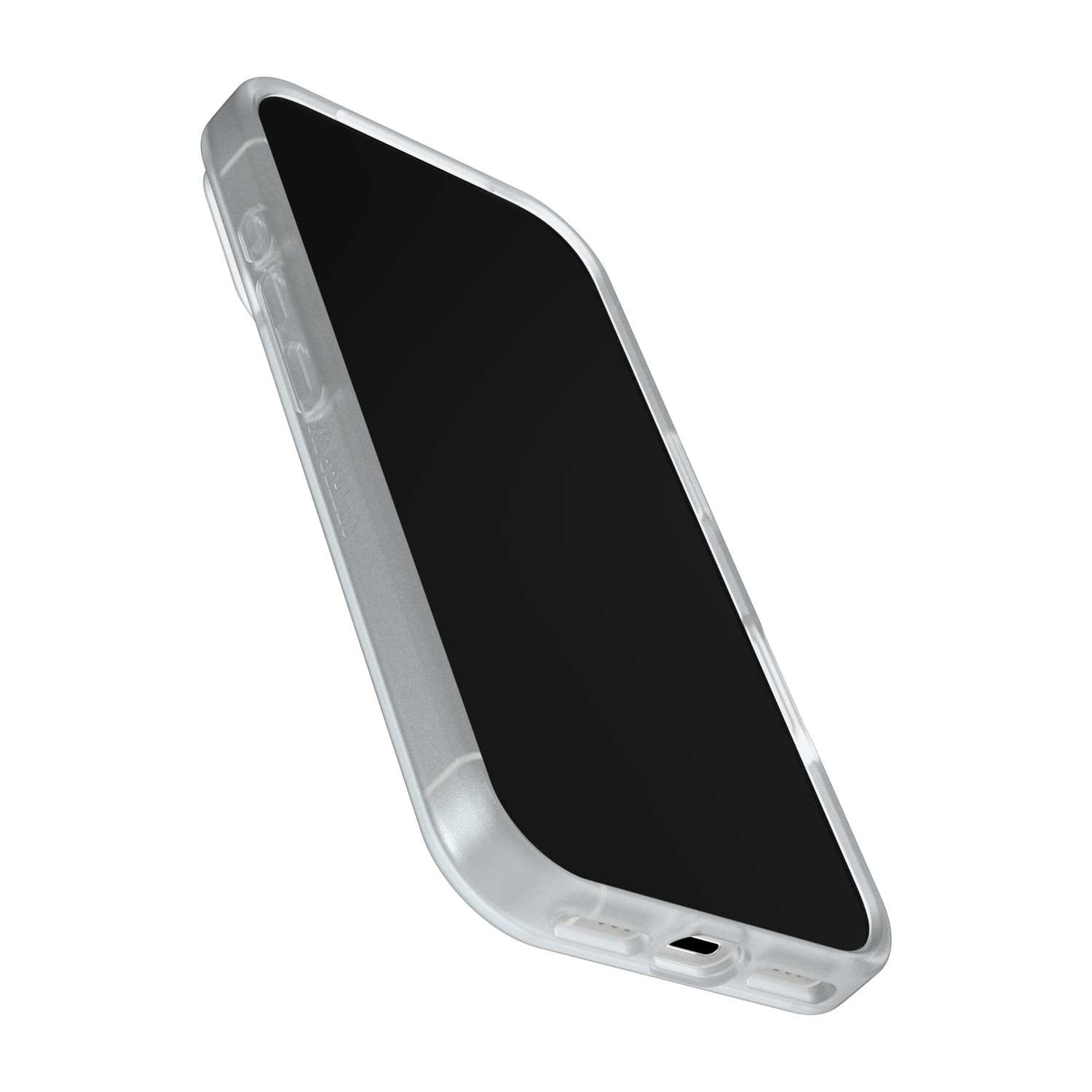 Custodia trasparente per telefono con cornice argentata e schermo nero.