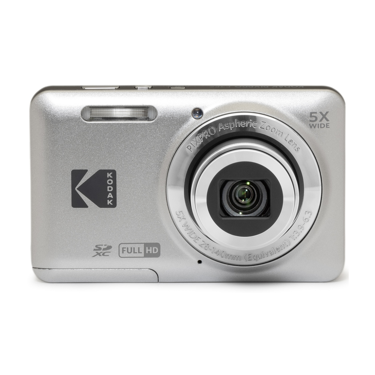 Fotocamera digitale argentata con flash, obiettivo e logo KODAK. Registrazione Full HD.