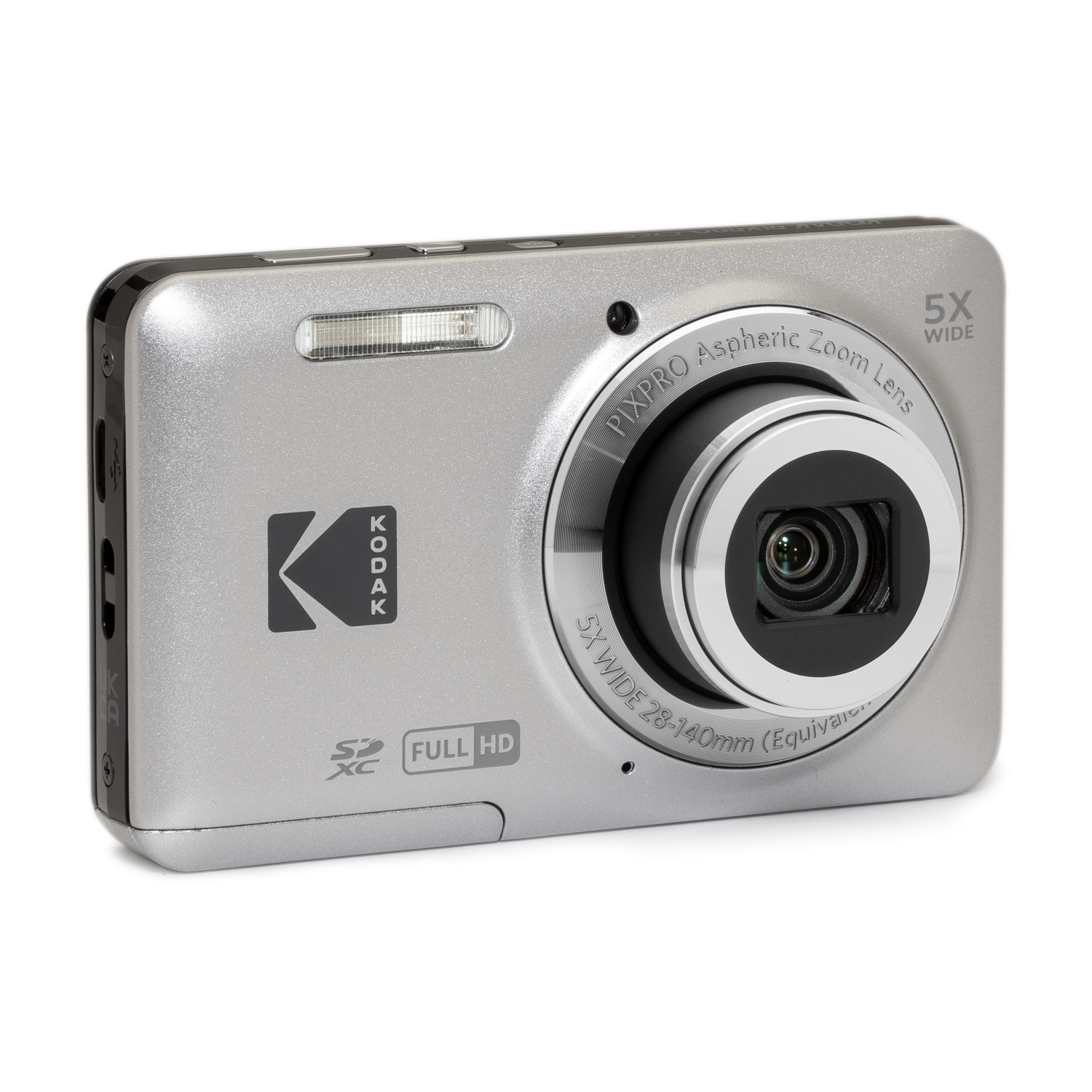 Una fotocamera digitale Kodak argento con zoom ottico 5x e Full HD.